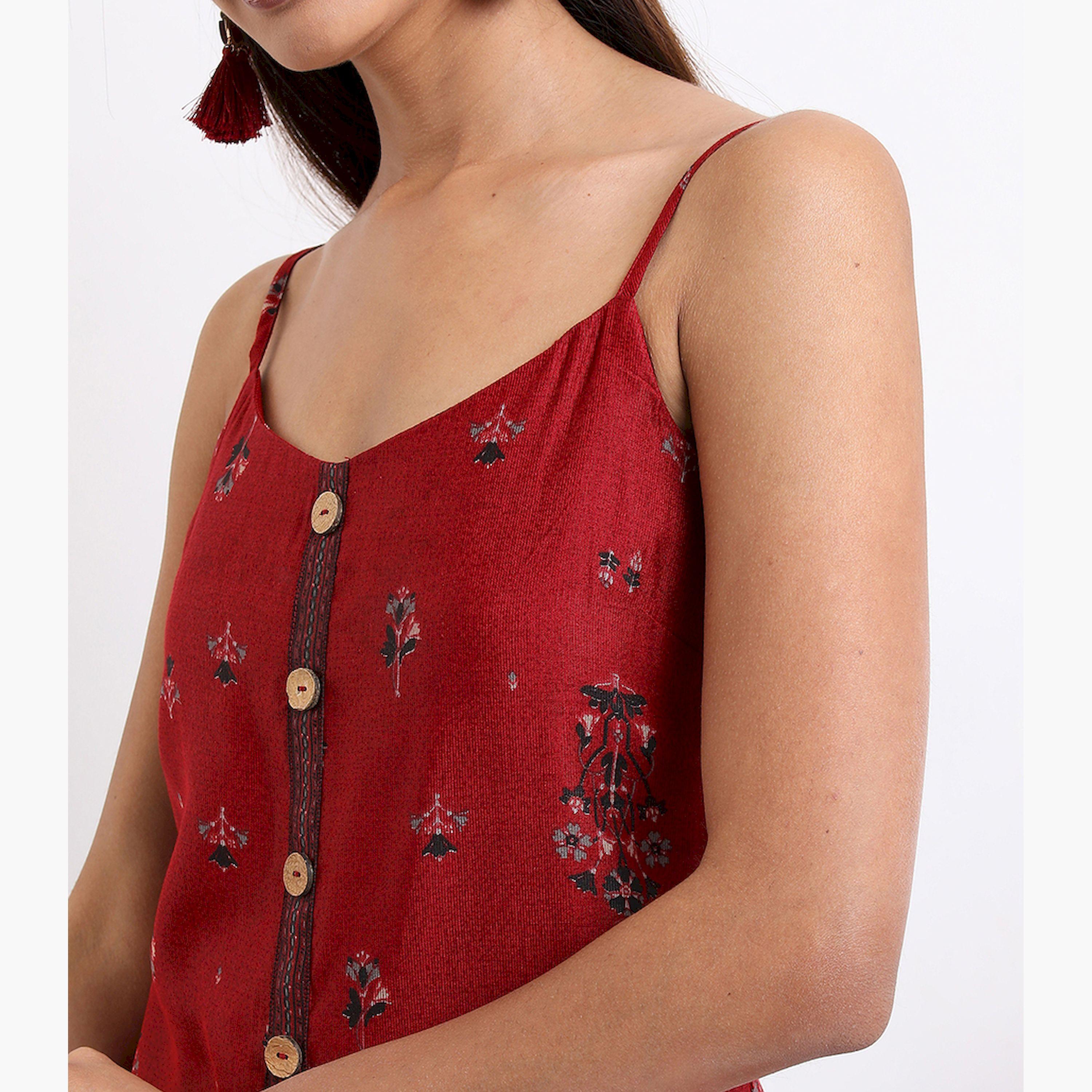 فيشود × ستايلي - كورتا بأشرطة كتف وطبعة عرقية - أحمر وكحلي-women-clothing-ethnicwear-kurtas-image-4