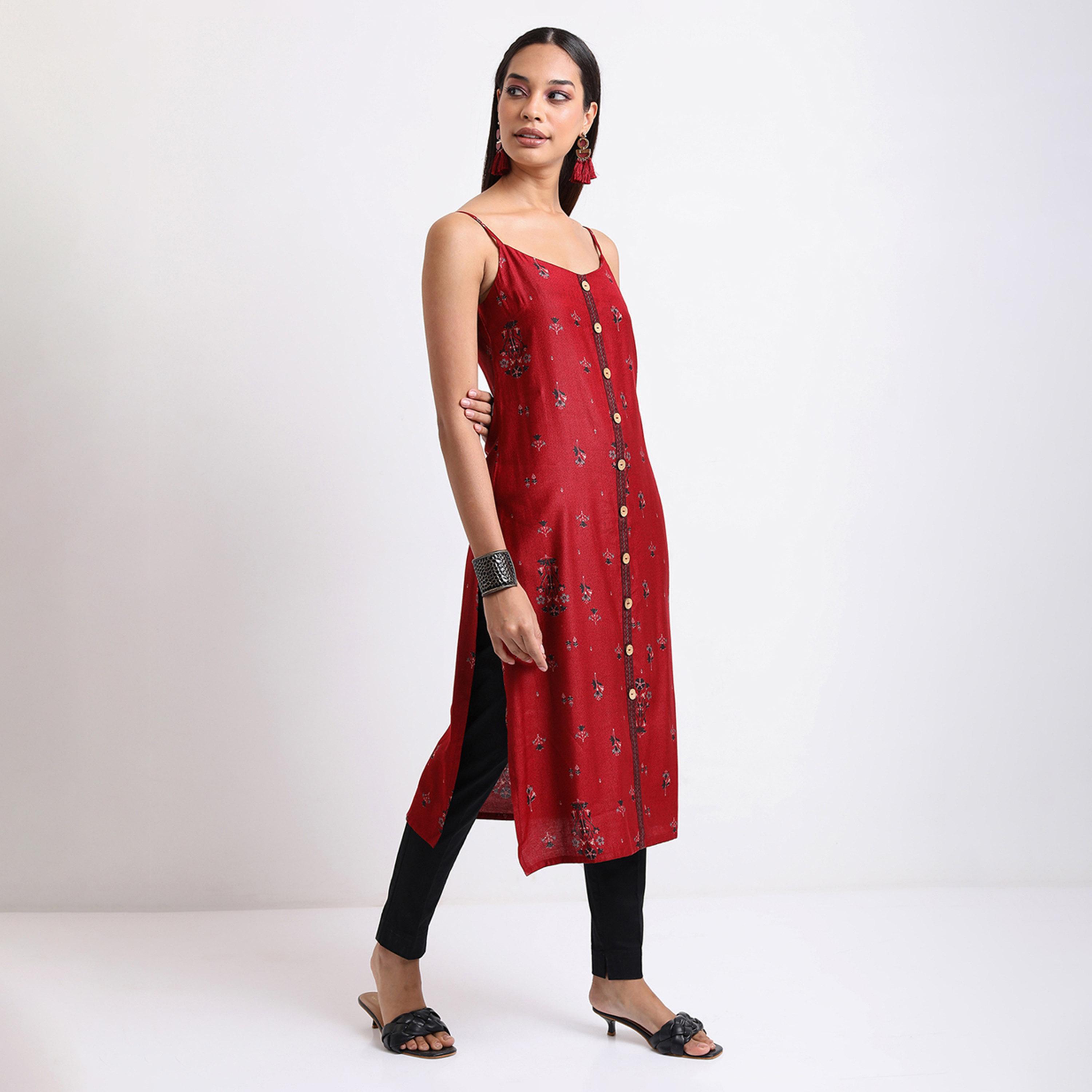 Vishudh X Styli Red & Navy blue Ethnic Printed Shoulder Straps Kurta-women-clothing-ethnicwear-kurtas-image-5