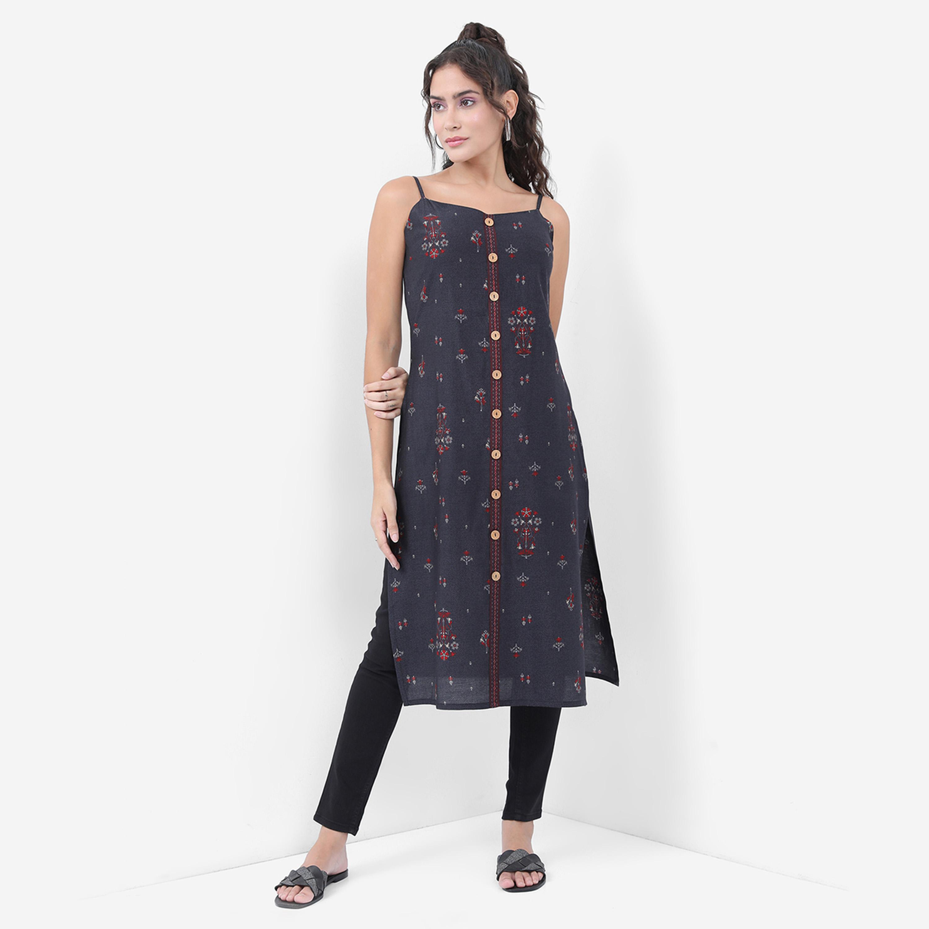 فيشود × ستايلي - كورتا مطبوعة بالورود بتطريز المرايا-women-clothing-ethnicwear-kurtas-image-1