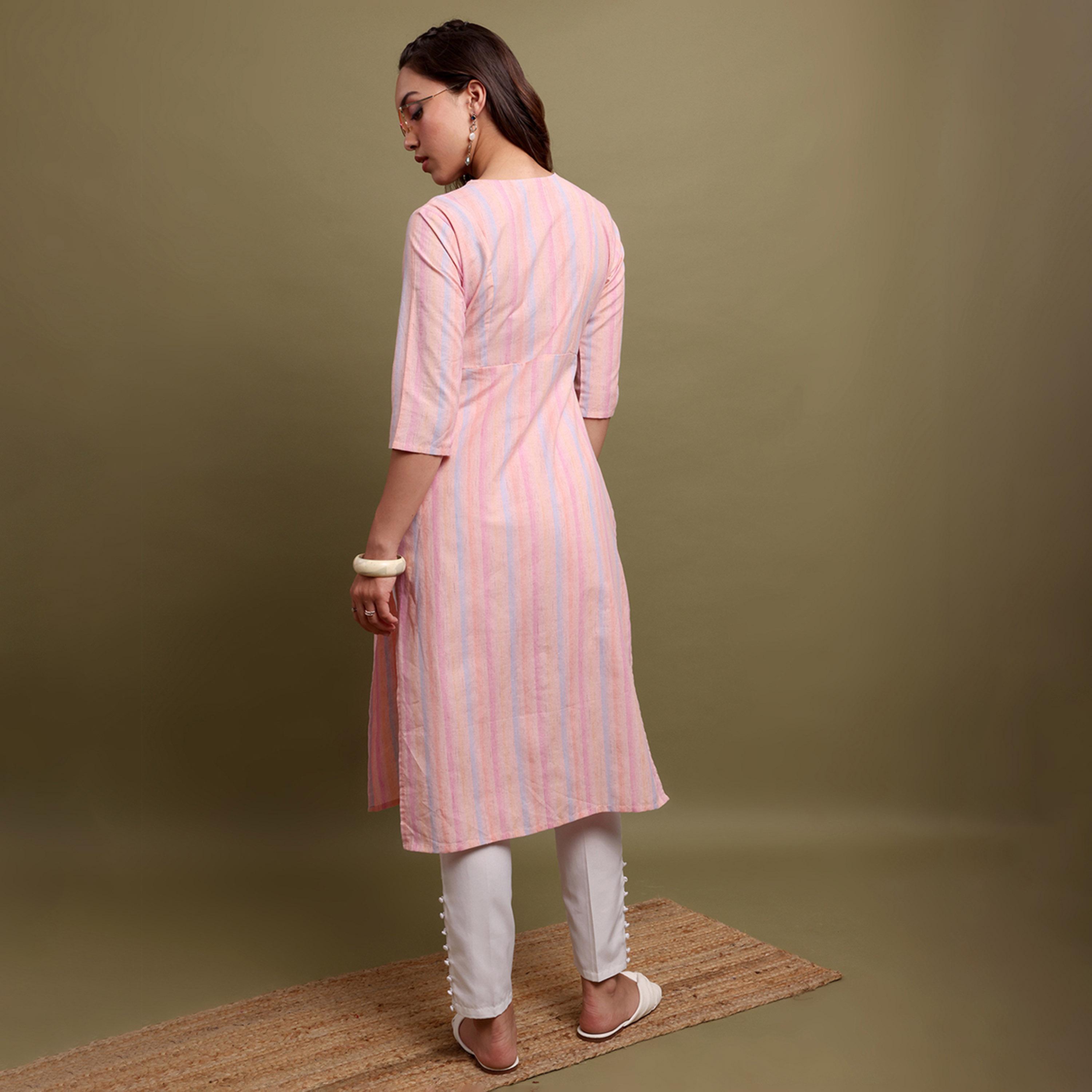 Vishudh X Styli Striped V-Neck Cotton Kurta-women-clothing-ethnicwear-kurtas-image-3