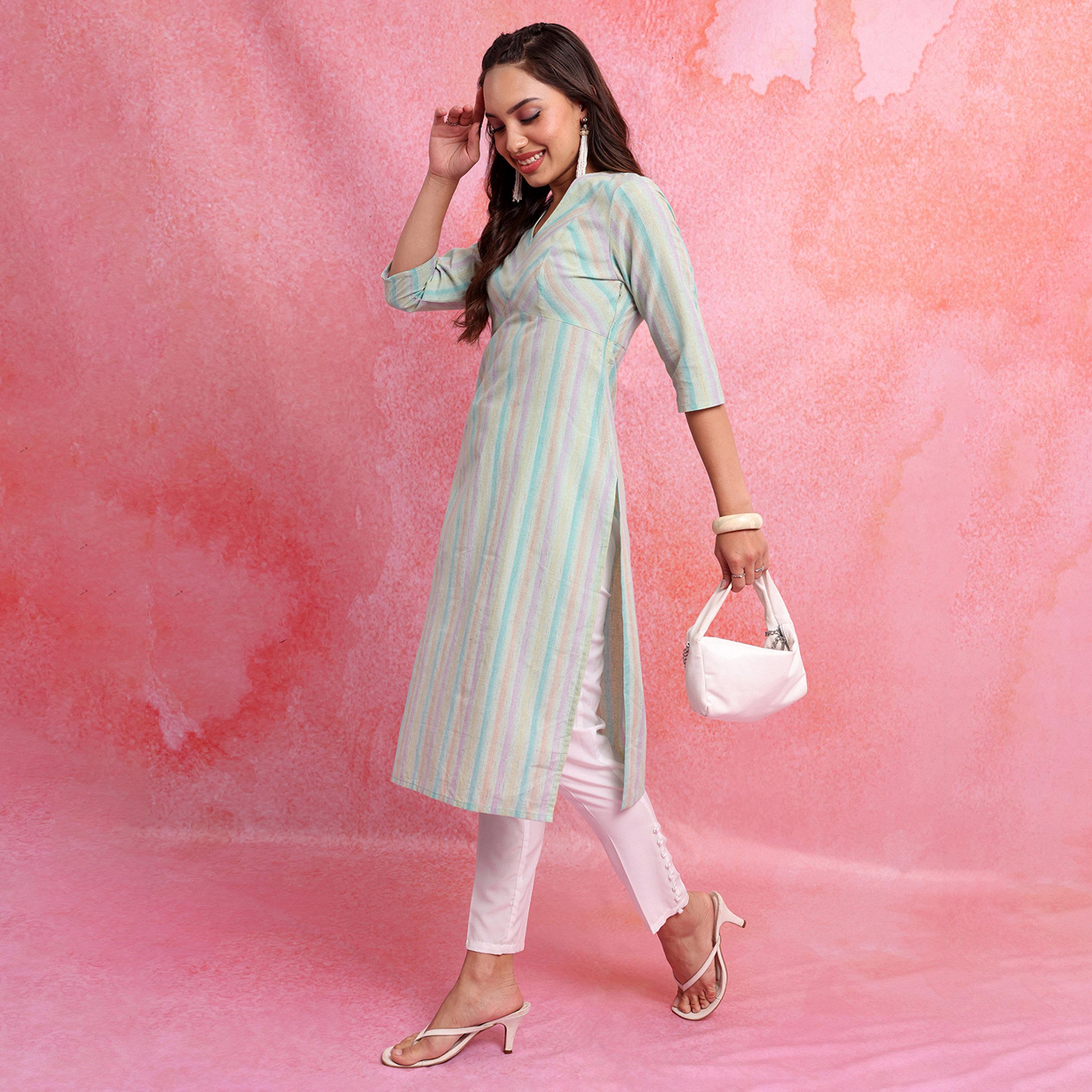 Vishudh X Styli Blue Striped V-Neck Three-Quarter Sleeves Empire Kurta-women-clothing-ethnicwear-kurtas-image-1