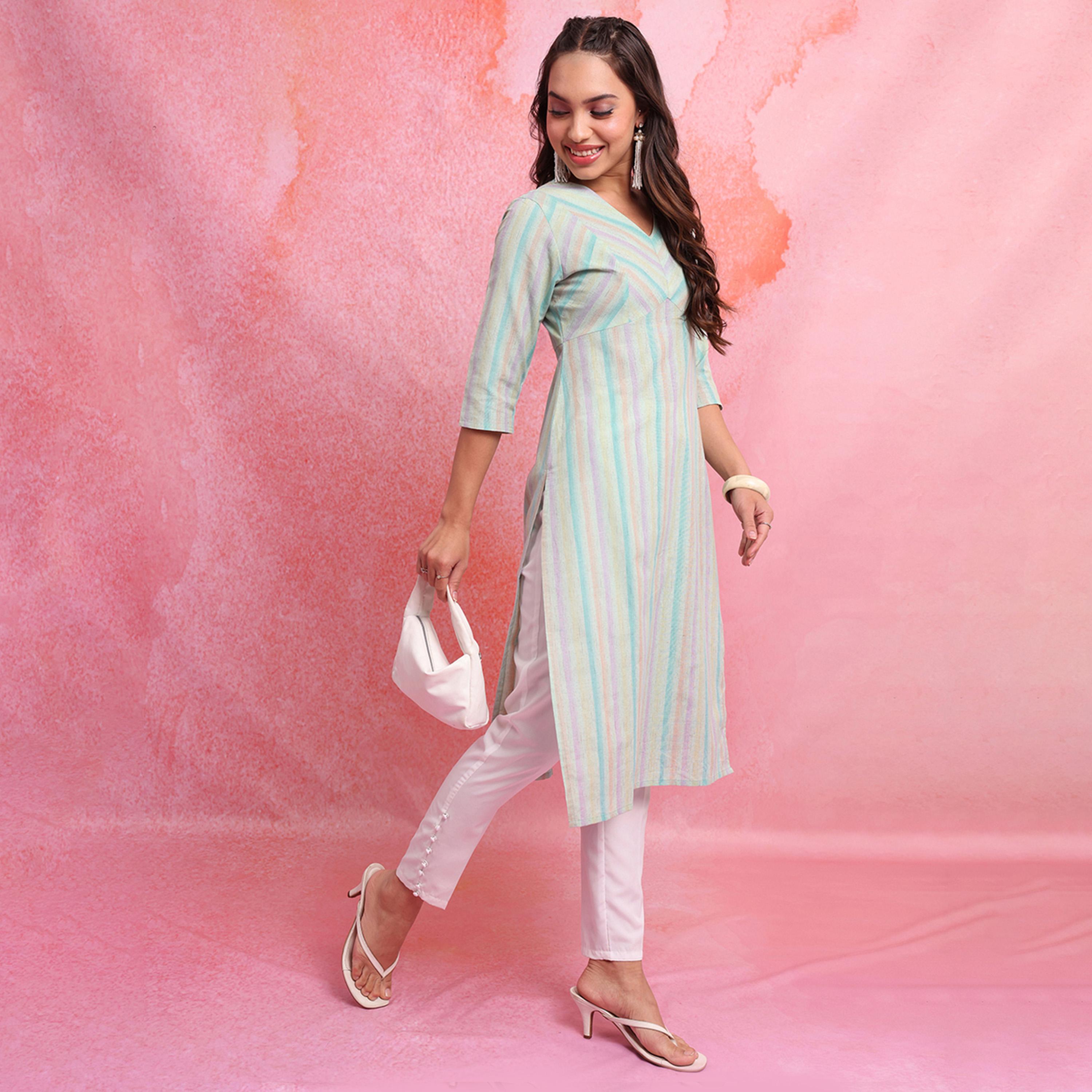 Vishudh X Styli Blue Striped V-Neck Three-Quarter Sleeves Empire Kurta-women-clothing-ethnicwear-kurtas-image-4