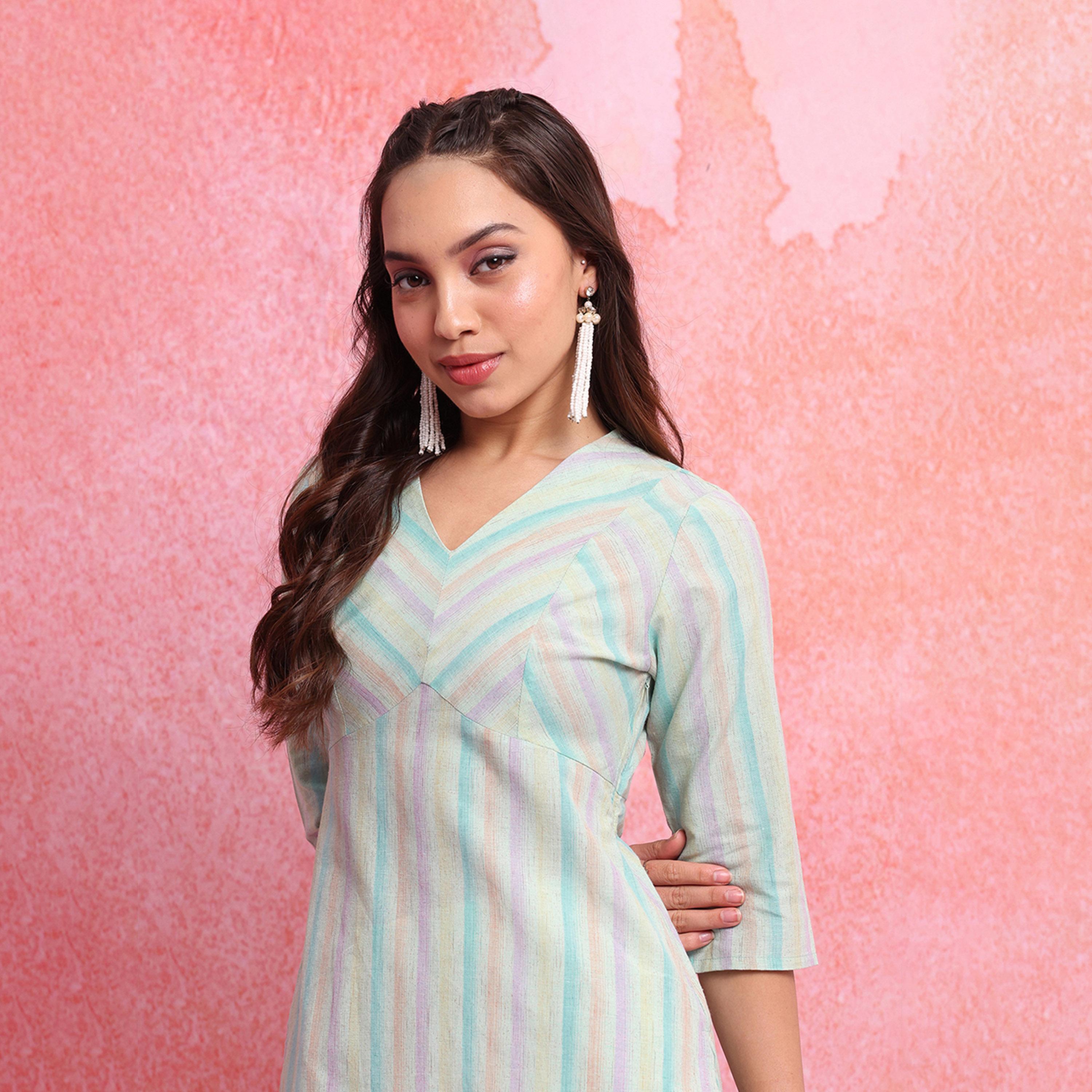 Vishudh X Styli Blue Striped V-Neck Three-Quarter Sleeves Empire Kurta-women-clothing-ethnicwear-kurtas-image-6