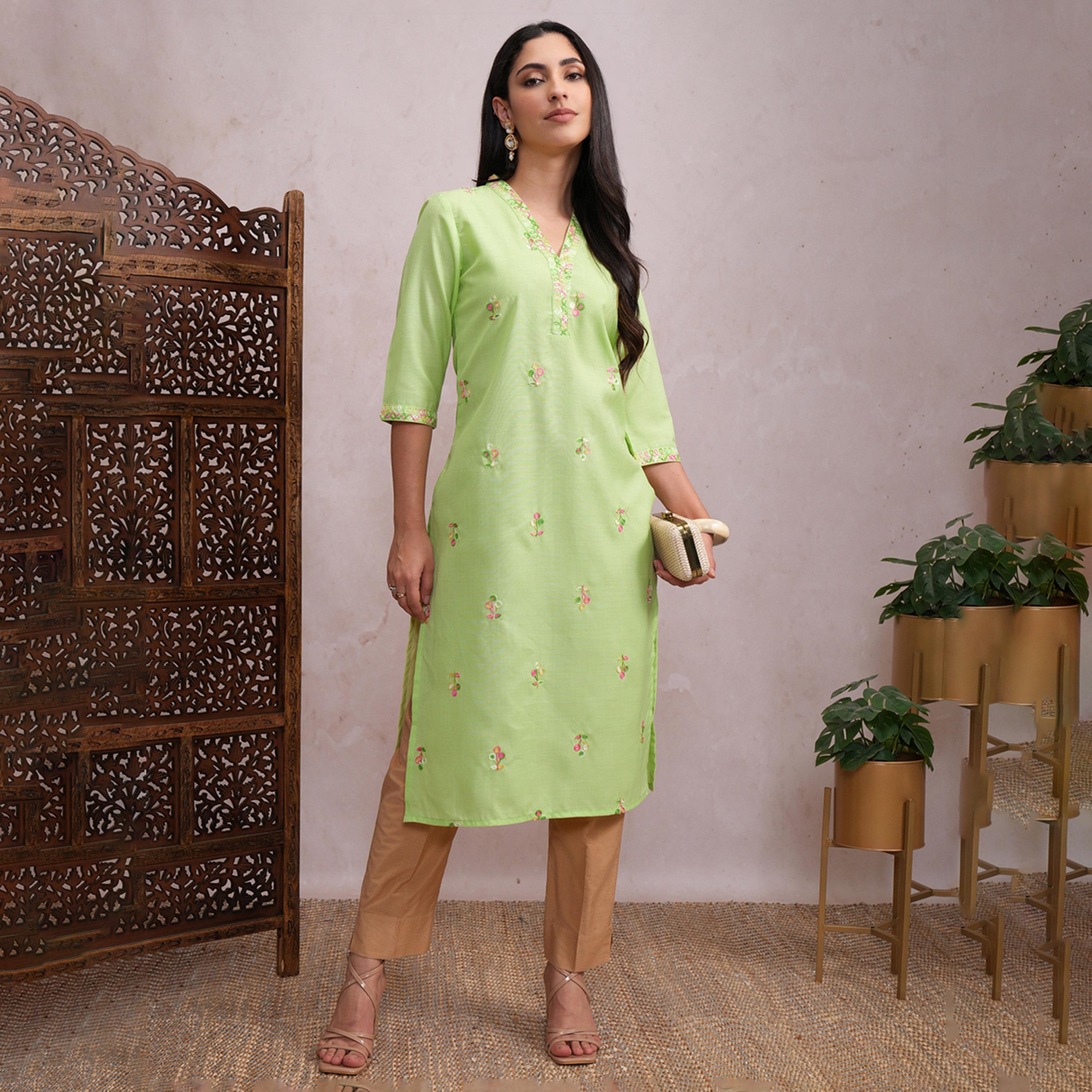 Vishudh X Styli Green Ethnic Motifs Embroidered V-Neck Thread Work Straight Kurta-women-clothing-ethnicwear-kurtas-image-1