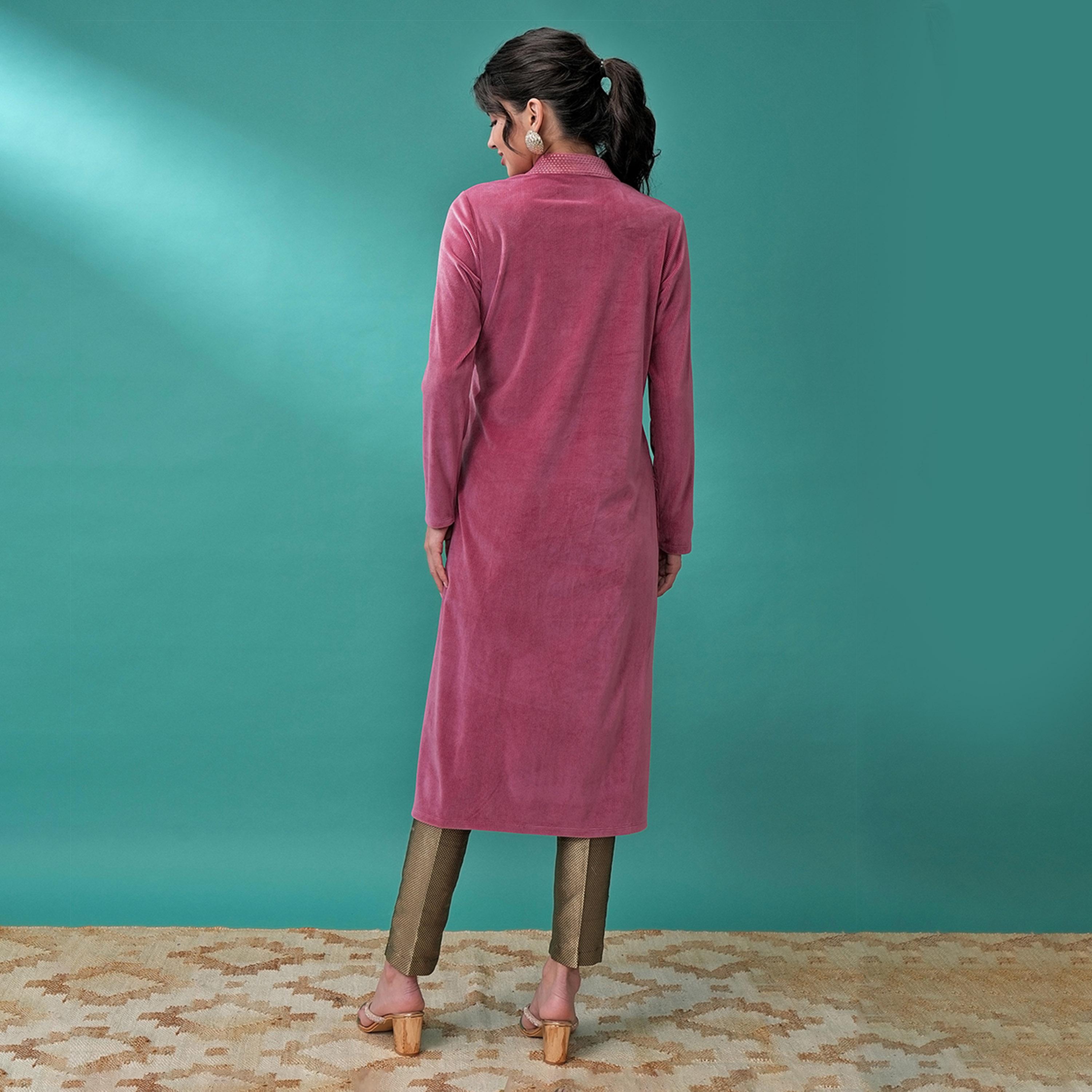 فيشود × ستايلي - كورتا جوتا باتي بأكمام طويلة وياقة V - وردي-women-clothing-ethnicwear-kurtas-image-3