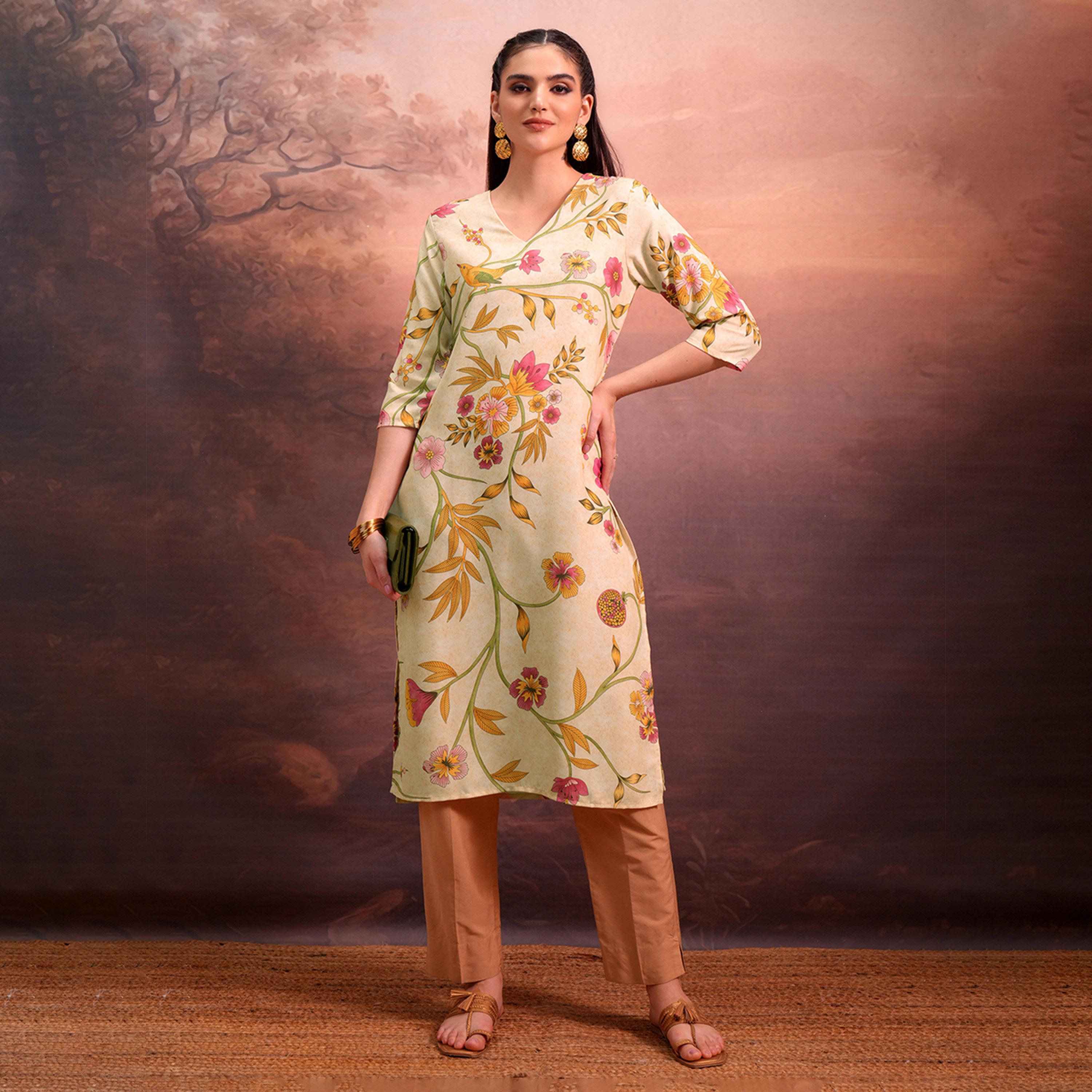 Vishudh X Styli Beige Floral Printed V-Neck Straight Kurta-women-clothing-ethnicwear-kurtas-image-1