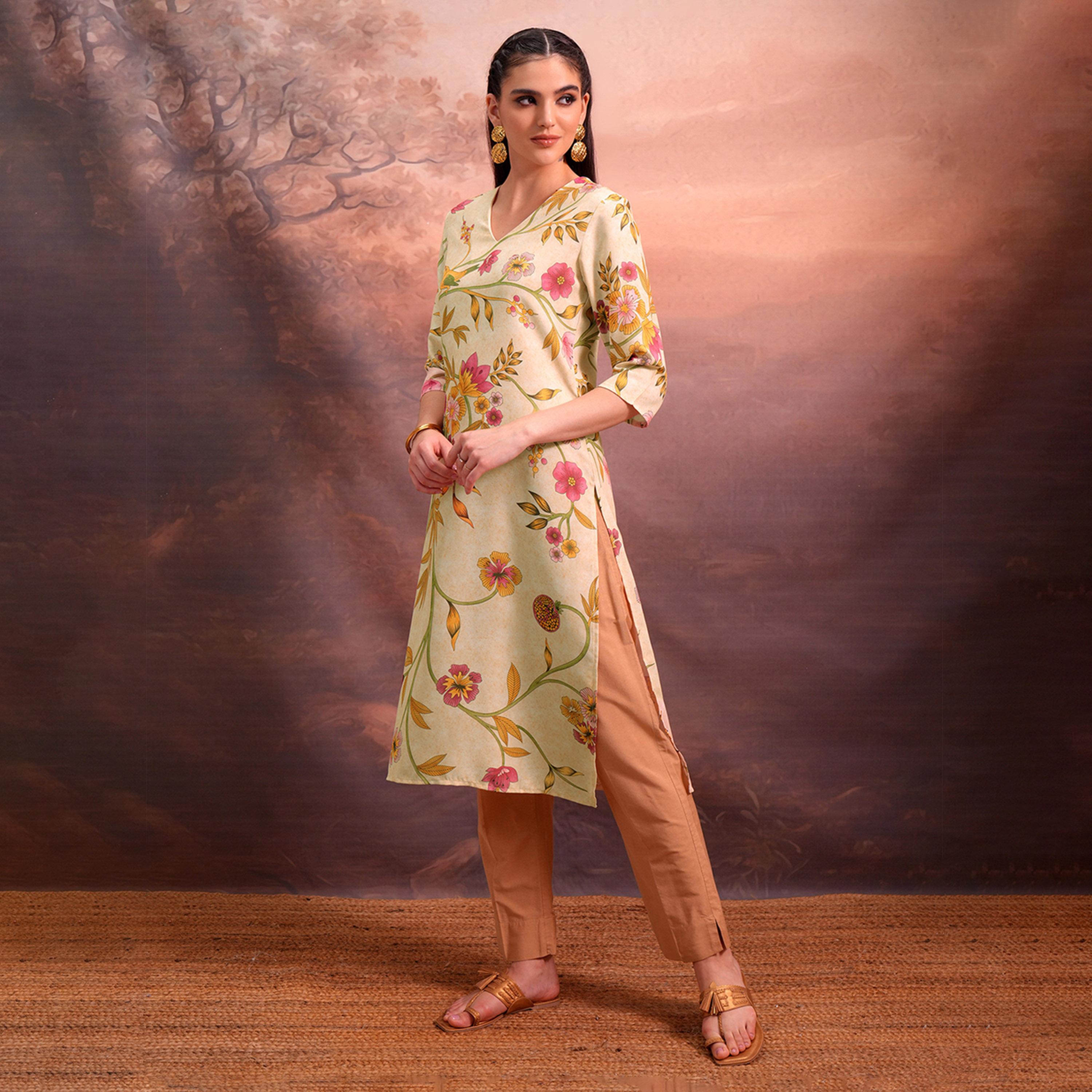 Vishudh X Styli Beige Floral Printed V-Neck Straight Kurta-women-clothing-ethnicwear-kurtas-image-2