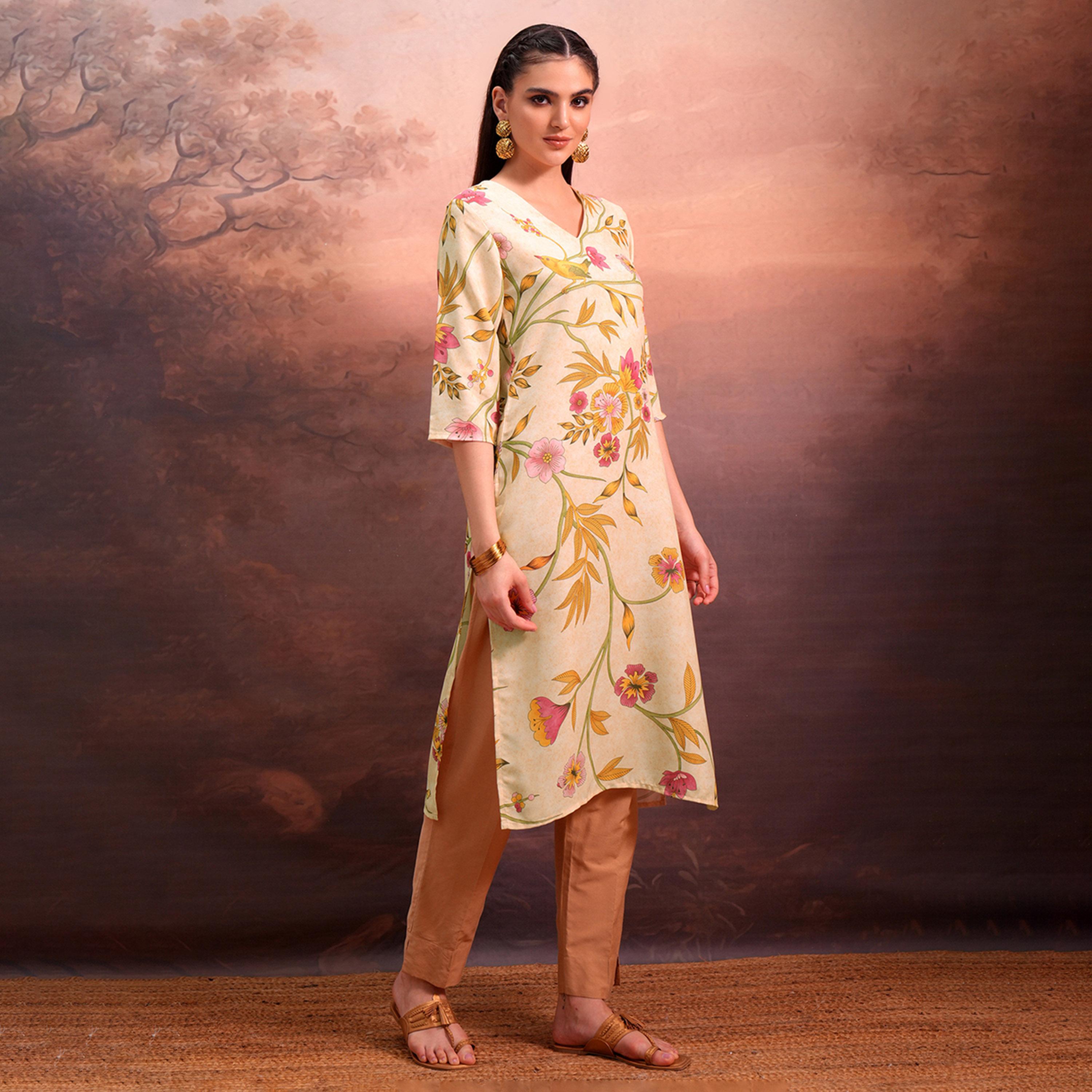 Vishudh X Styli Beige Floral Printed V-Neck Straight Kurta-women-clothing-ethnicwear-kurtas-image-4
