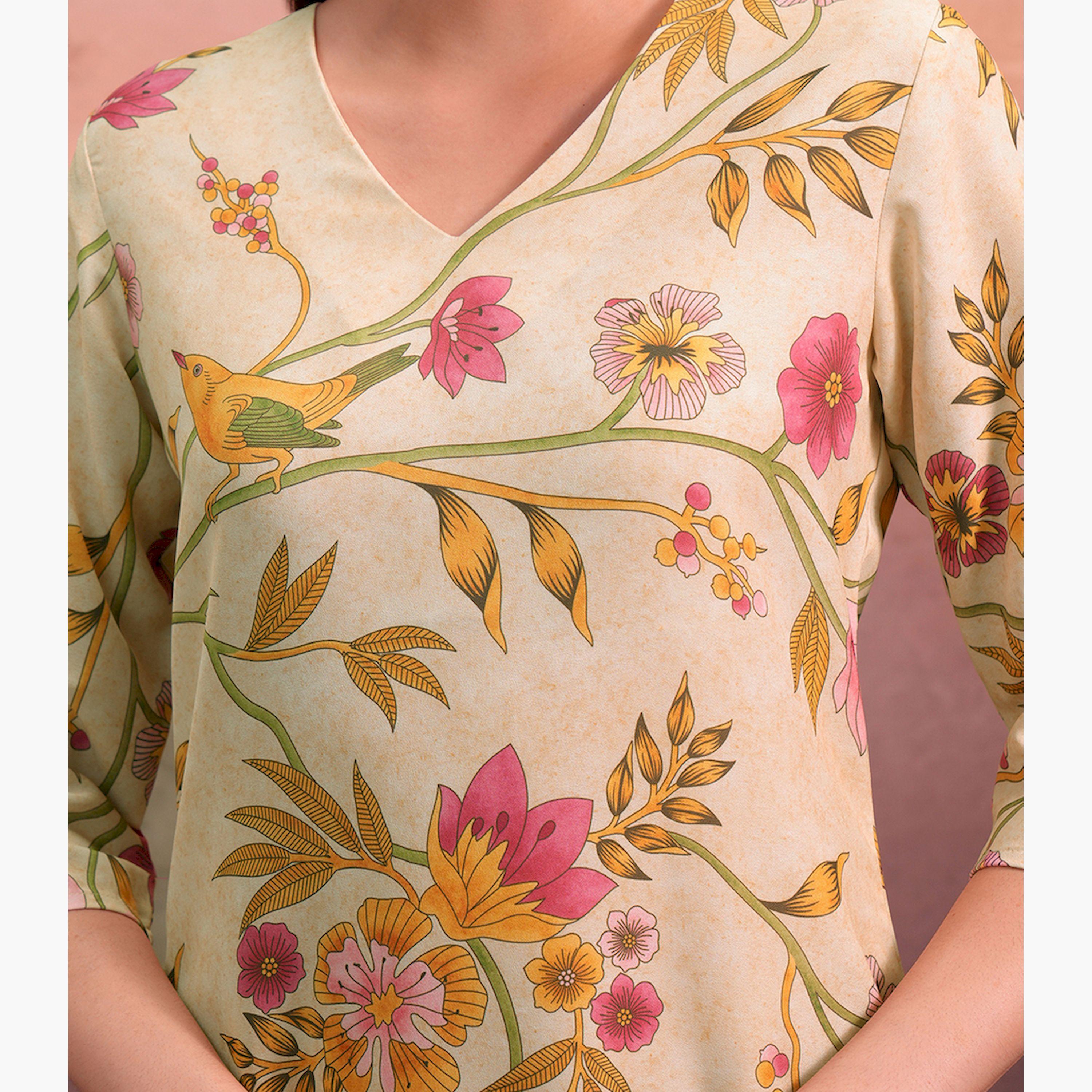 فيشود × ستايلي - كورتا مستقيمة برقبة على شكل حرف V مطبوعة بالزهور - بيج-women-clothing-ethnicwear-kurtas-image-5
