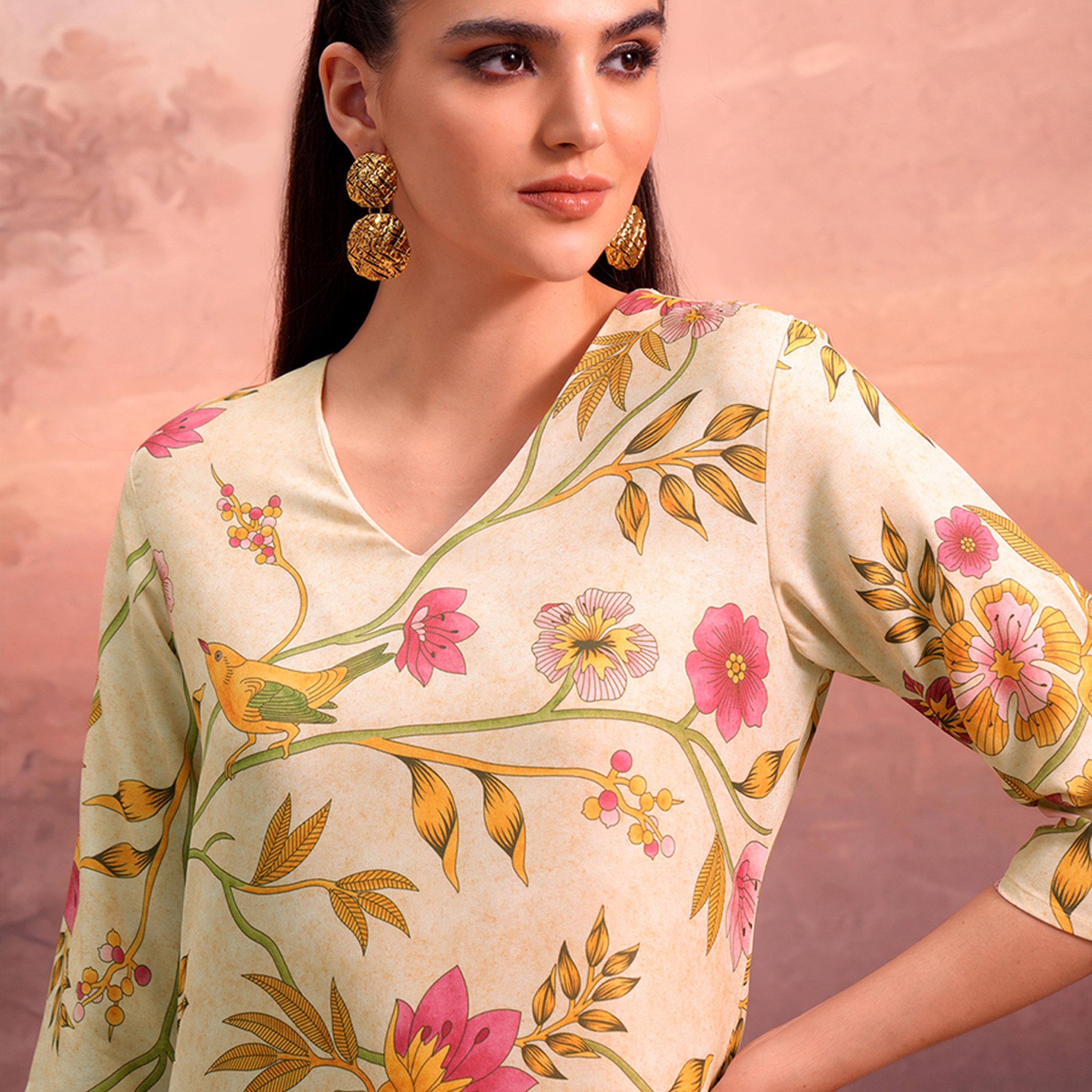 فيشود × ستايلي - كورتا مستقيمة برقبة على شكل حرف V مطبوعة بالزهور - بيج-women-clothing-ethnicwear-kurtas-image-6