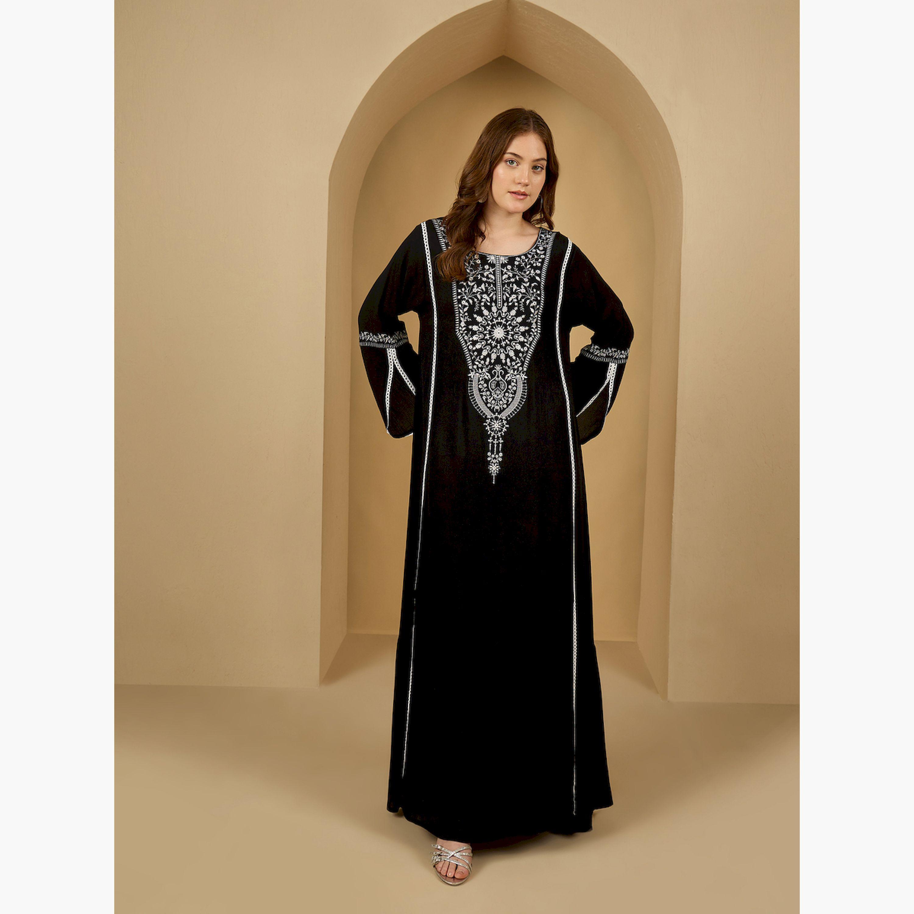 Amirah X Styli Embroidered Flared Sleeve A-Line Jalabiya-women-arabicclothing-jalabiyas-image-1