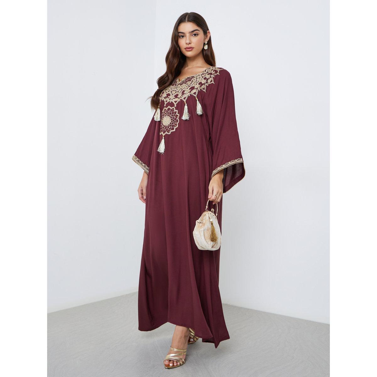 Styli Maroon Thread Embroidered Notch Neck Jalabiya-women-arabicclothing-jalabiyas-image-1