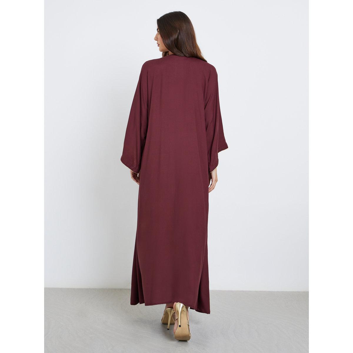 Styli Maroon Thread Embroidered Notch Neck Jalabiya-women-arabicclothing-jalabiyas-image-4