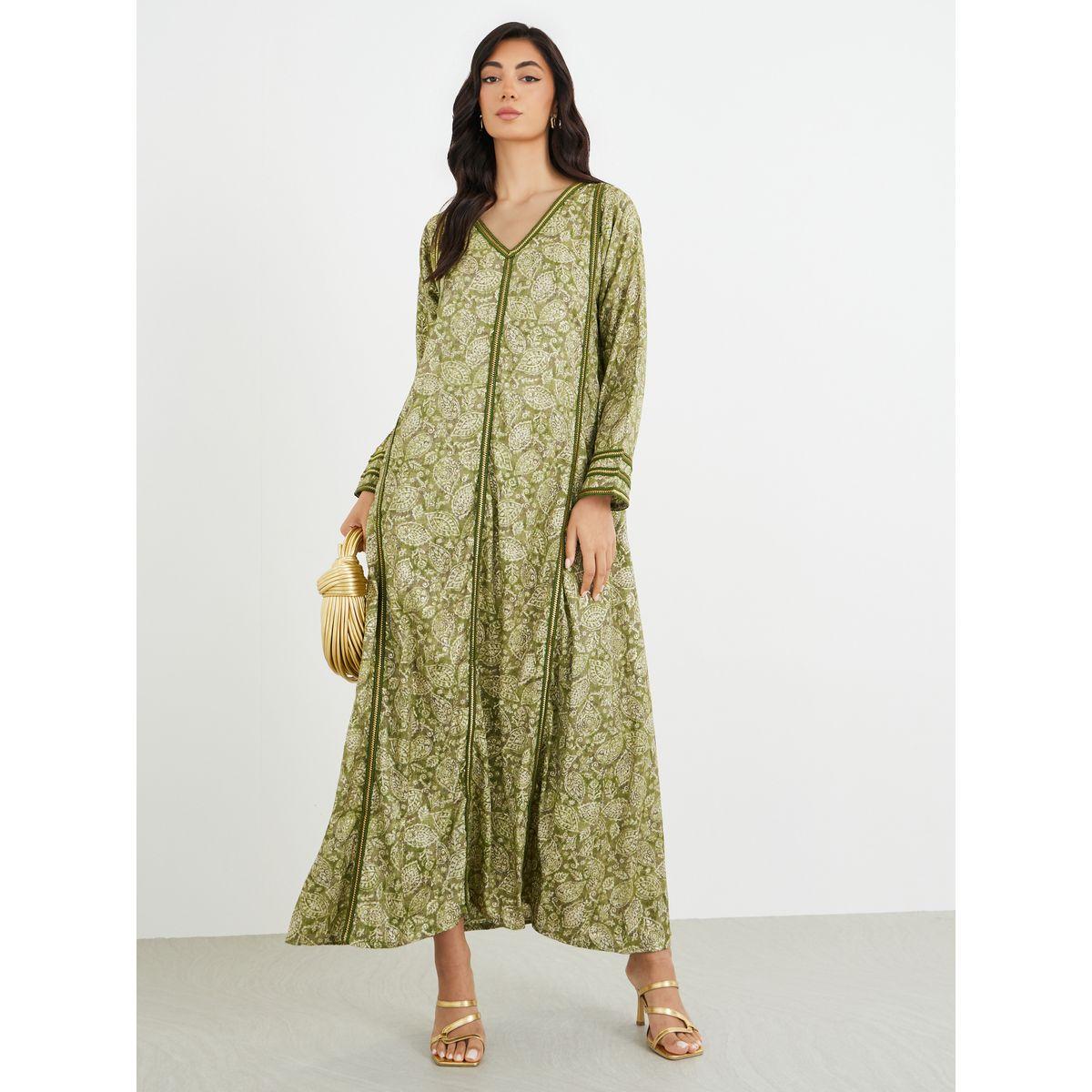 Styli All-Over Printed V Neck Jalabiya with Lace Trim-women-arabicclothing-jalabiyas-image-1