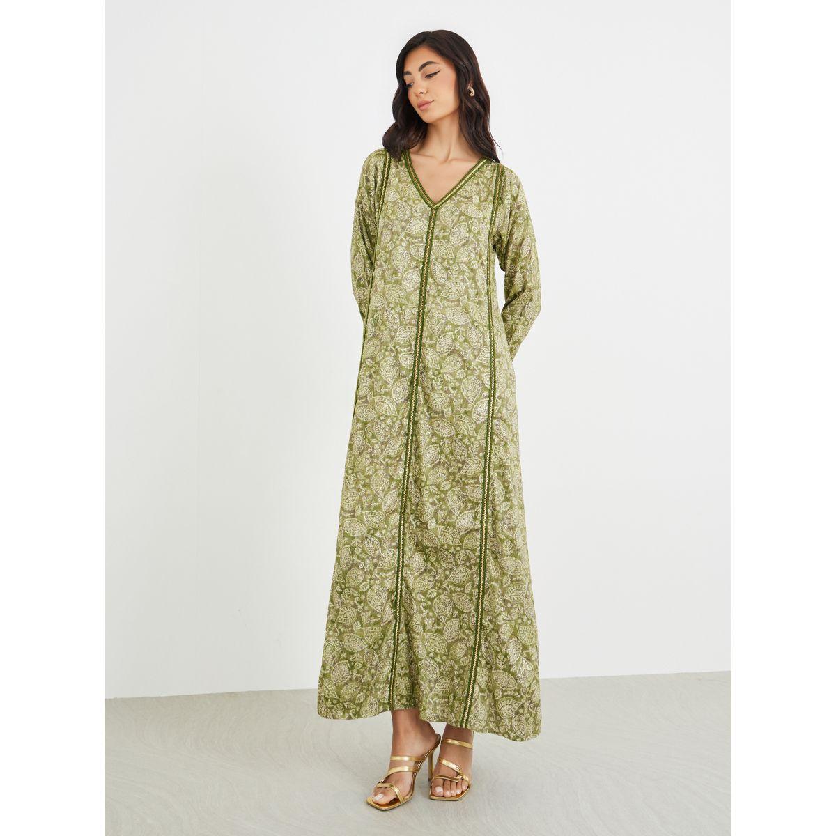 Styli All-Over Printed V Neck Jalabiya with Lace Trim-women-arabicclothing-jalabiyas-image-2
