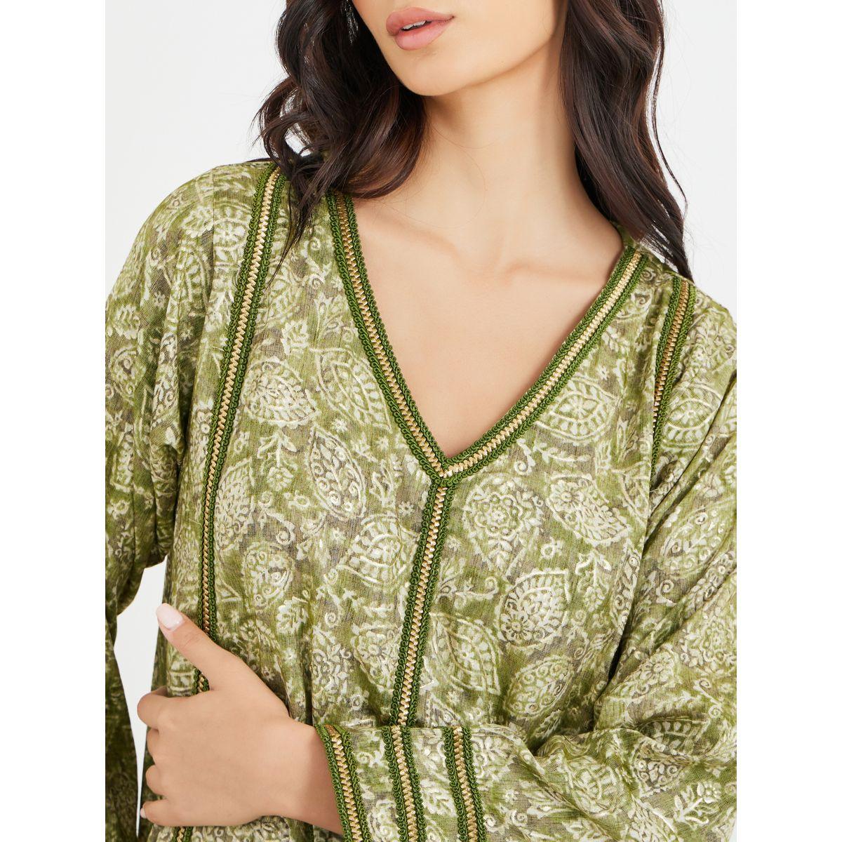Styli All-Over Printed V Neck Jalabiya with Lace Trim-women-arabicclothing-jalabiyas-image-3