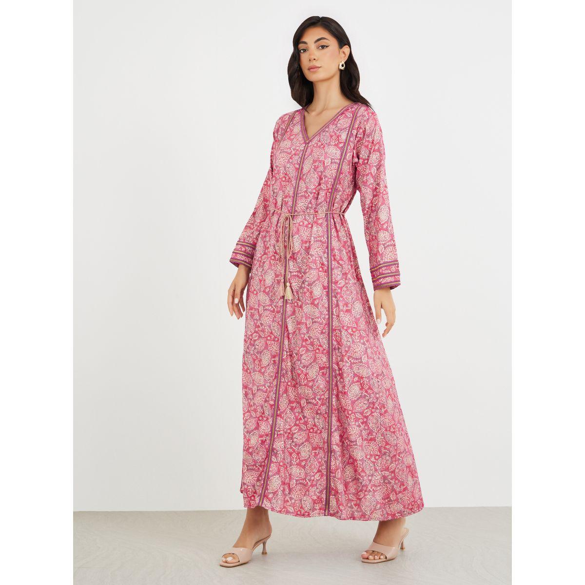 Styli All Over Print V Neck Jalabiya with Lace Trim-women-arabicclothing-jalabiyas-image-2