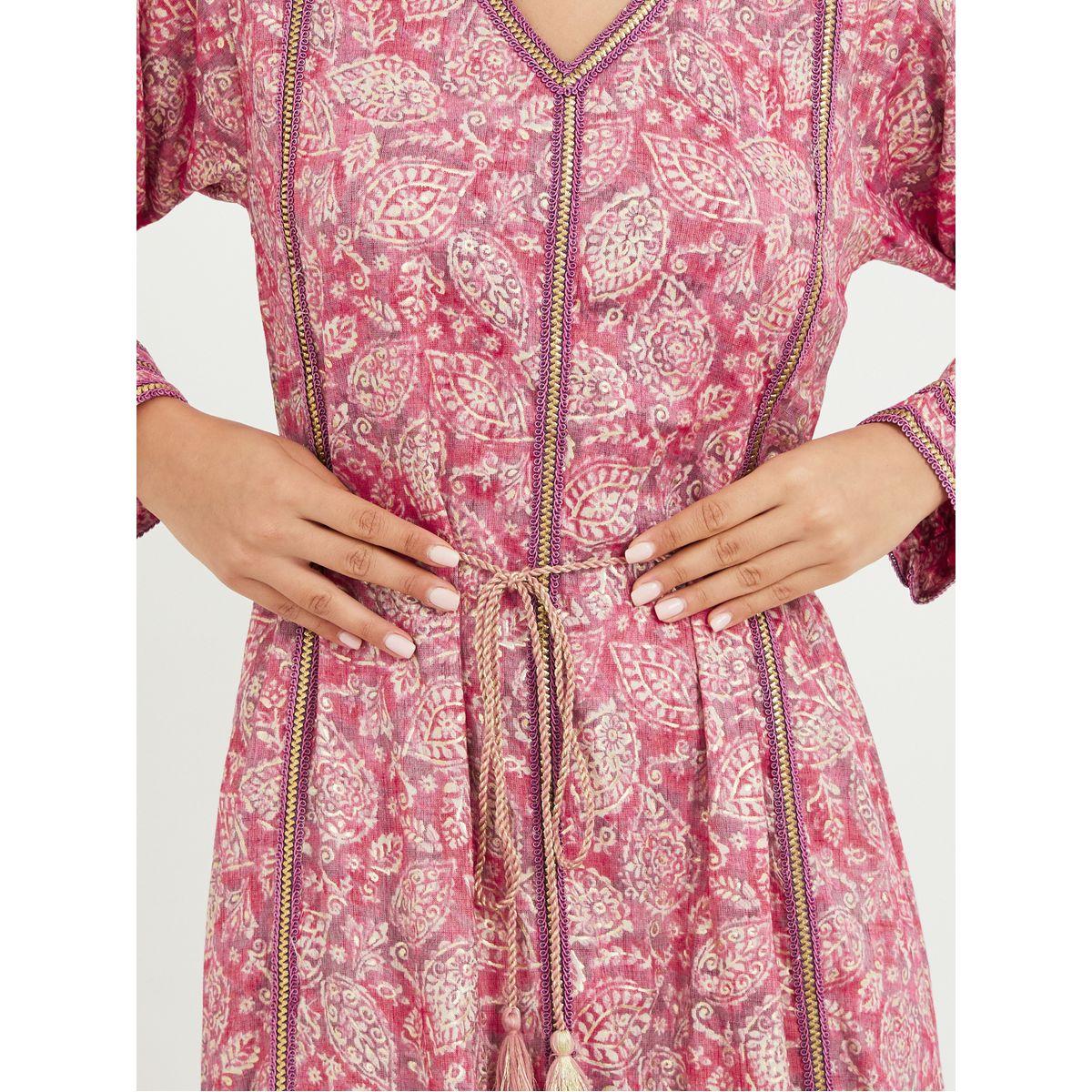 Styli All Over Print V Neck Jalabiya with Lace Trim-women-arabicclothing-jalabiyas-image-3