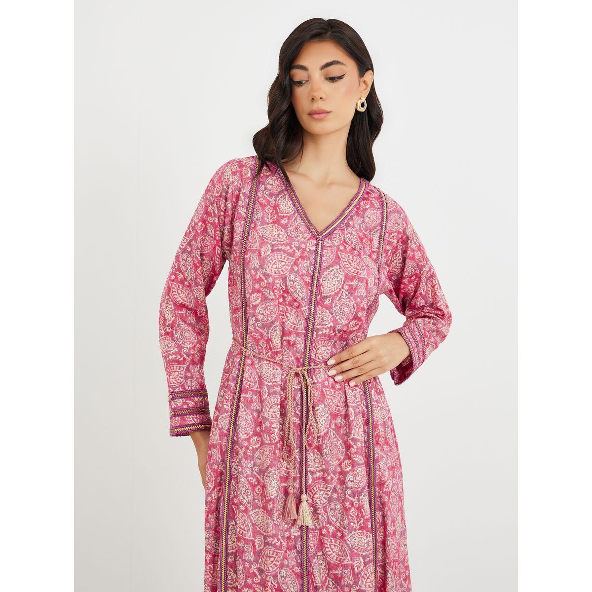 Styli All Over Print V Neck Jalabiya with Lace Trim-women-arabicclothing-jalabiyas-image-4