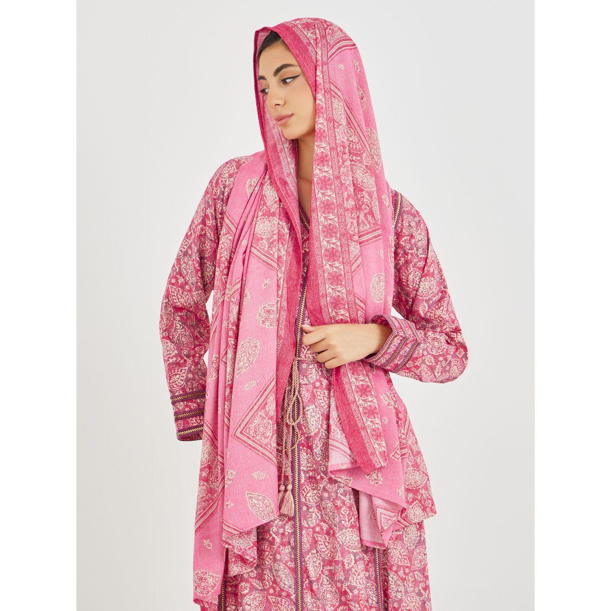 Styli All Over Print V Neck Jalabiya with Lace Trim-women-arabicclothing-jalabiyas-image-5