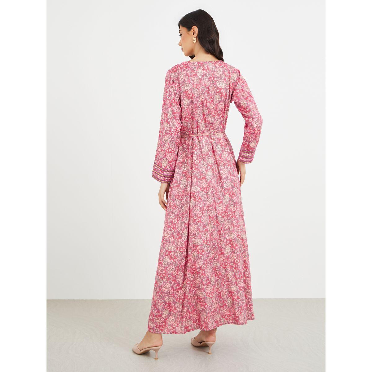 Styli All Over Print V Neck Jalabiya with Lace Trim-women-arabicclothing-jalabiyas-image-6