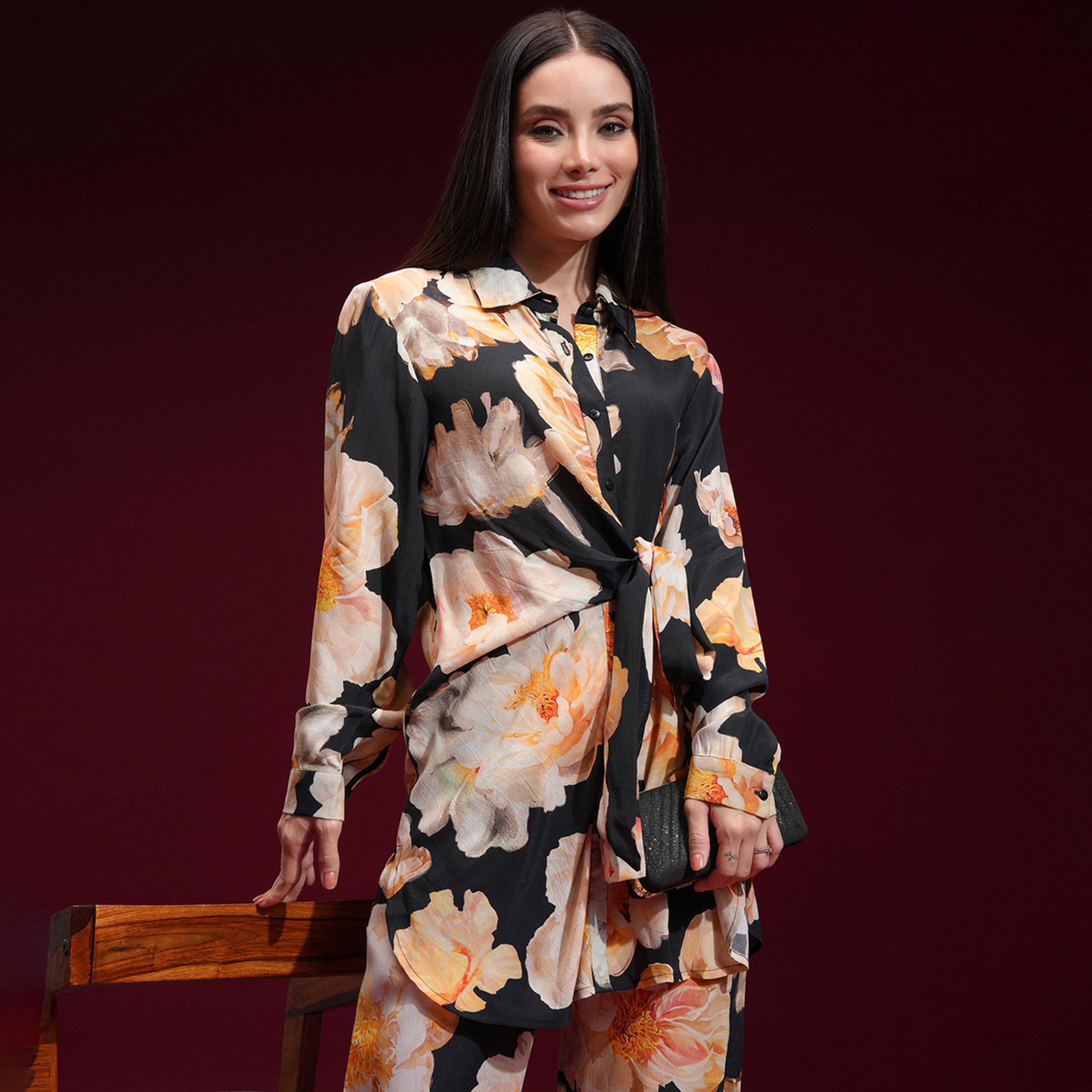 Vishudh X Styli Black Printed Long Sleeves Shirt With Trouser-women-clothing-coordsets-image-1