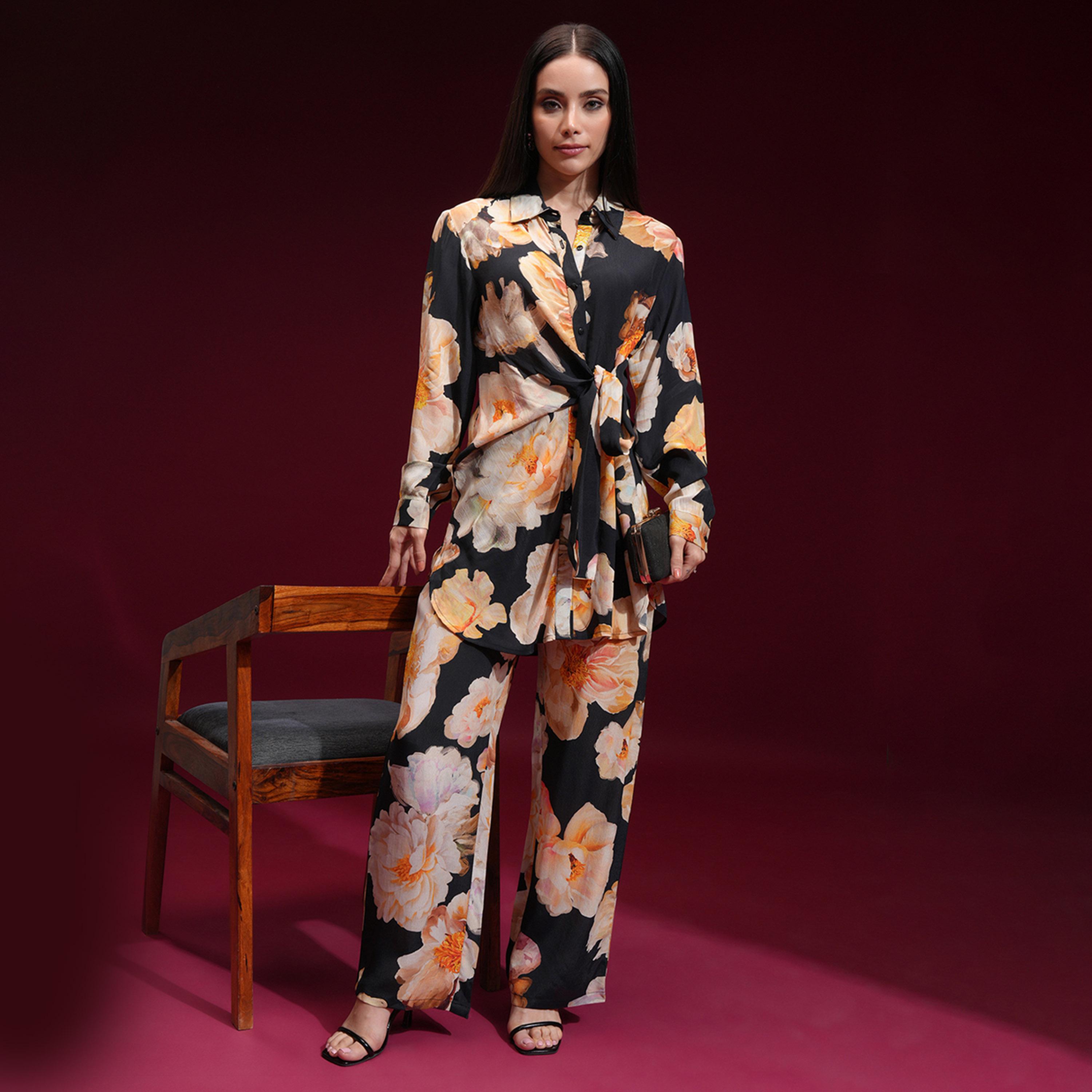 فيشود × ستايلي - قميص أسود مطبوع بأكمام طويلة مع بنطال-women-clothing-coordsets-image-2