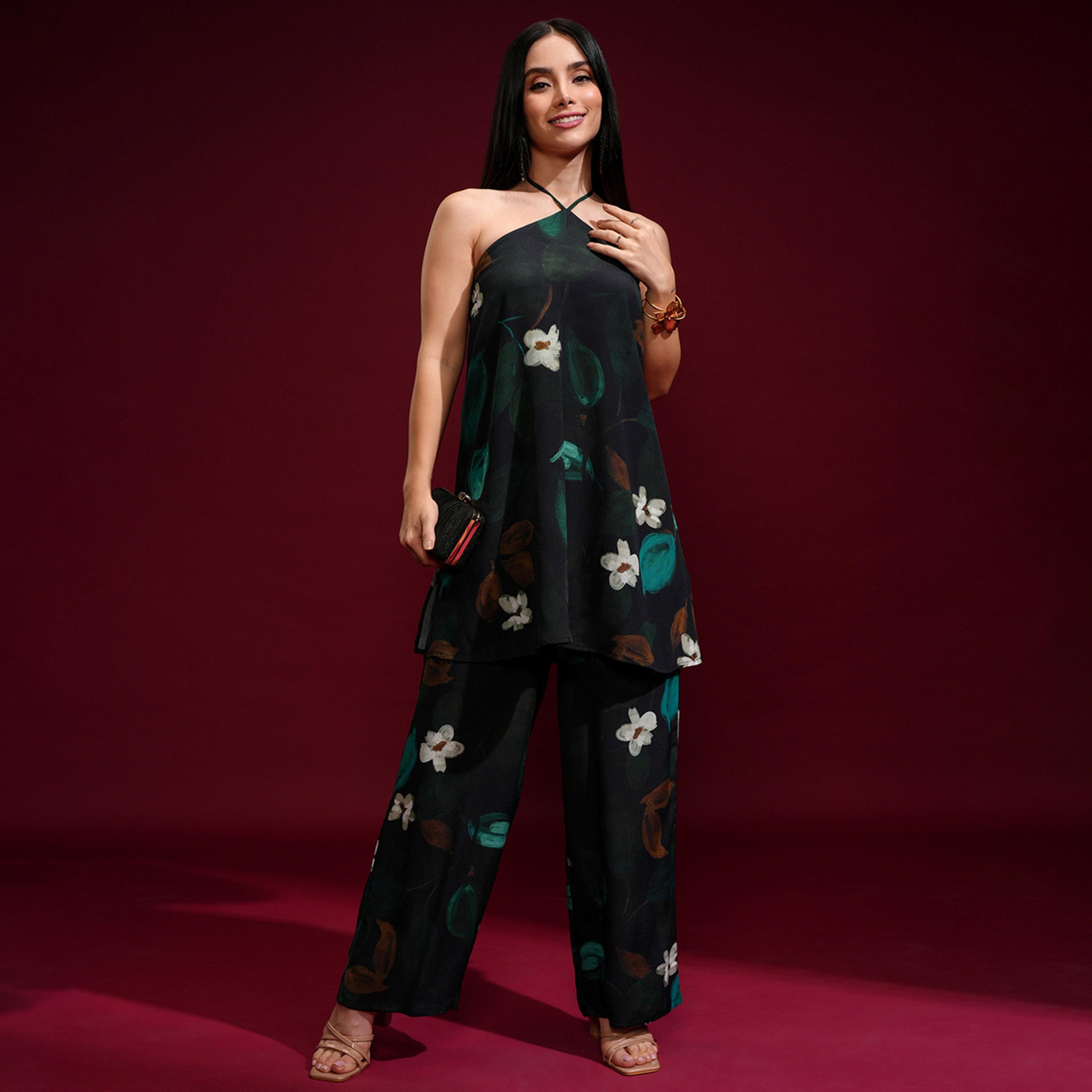 Vishudh X Styli Floral Printed Halter Neck Tunic With Palazzo-women-clothing-coordsets-image-1