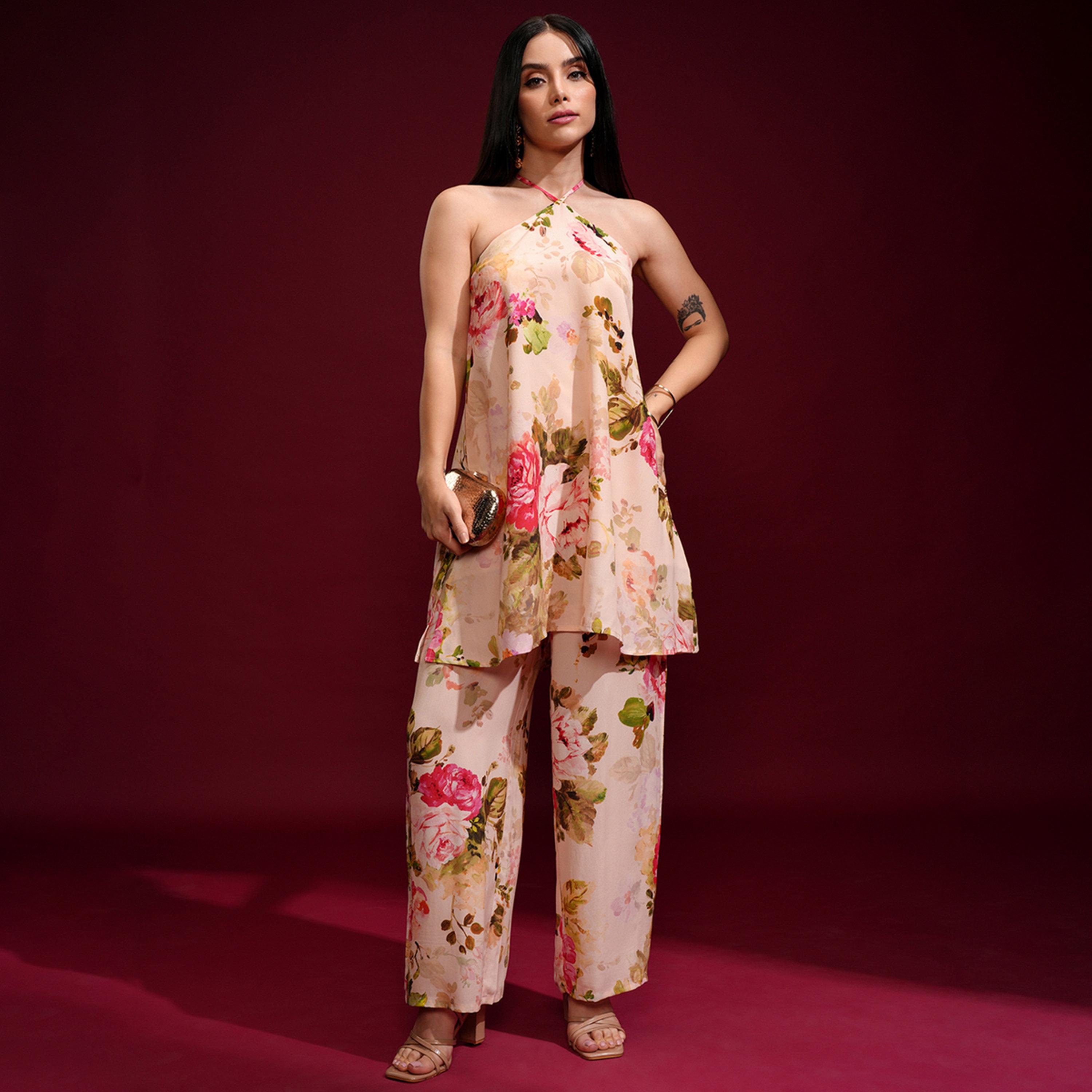 Vishudh X Styli Floral Printed Halter Neck Tunic With Palazzo-women-clothing-coordsets-image-1
