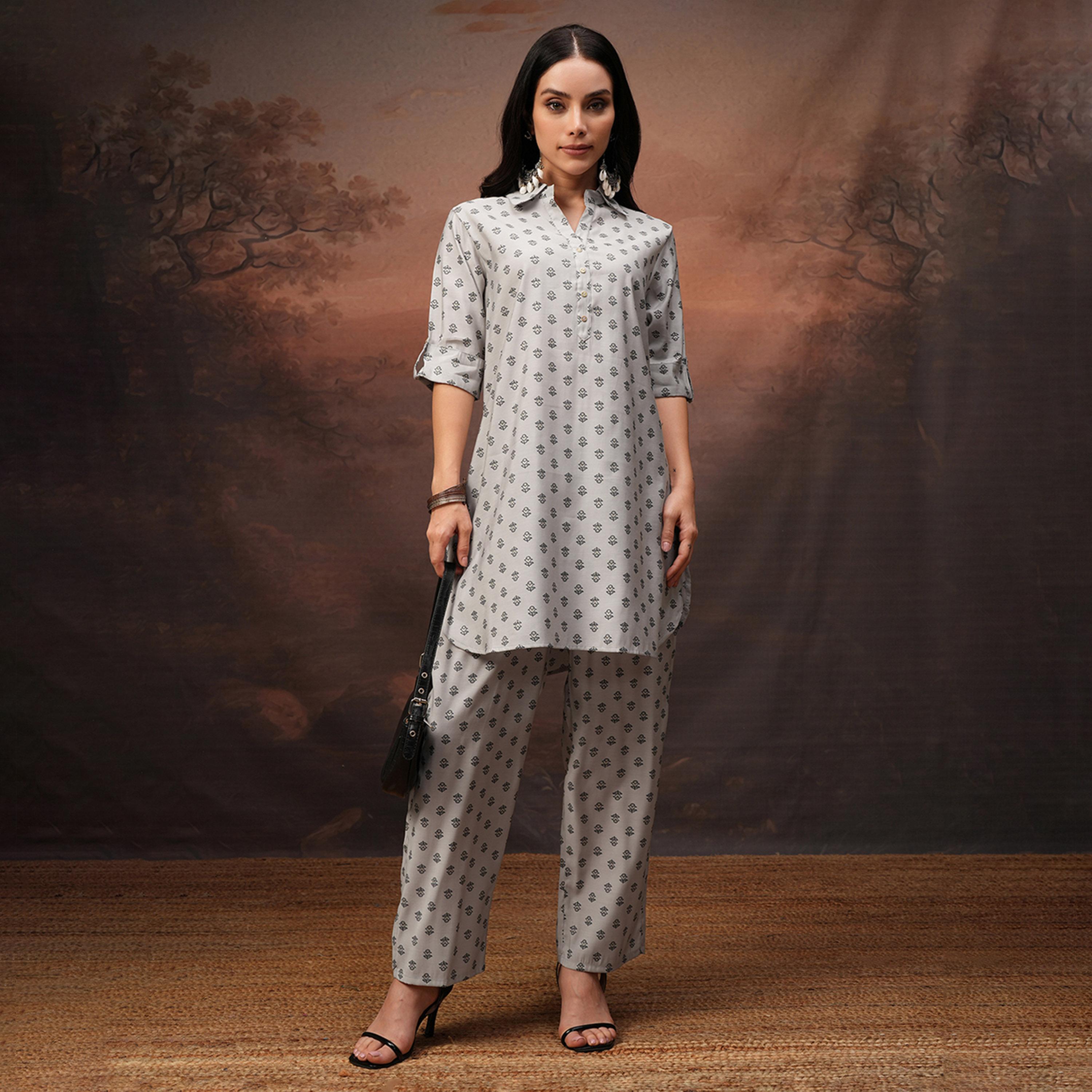 Vishudh X Styli Grey Printed Shirt Collar Three-Quarter Sleeves Tunic With Palazzo-women-clothing-coordsets-image-1
