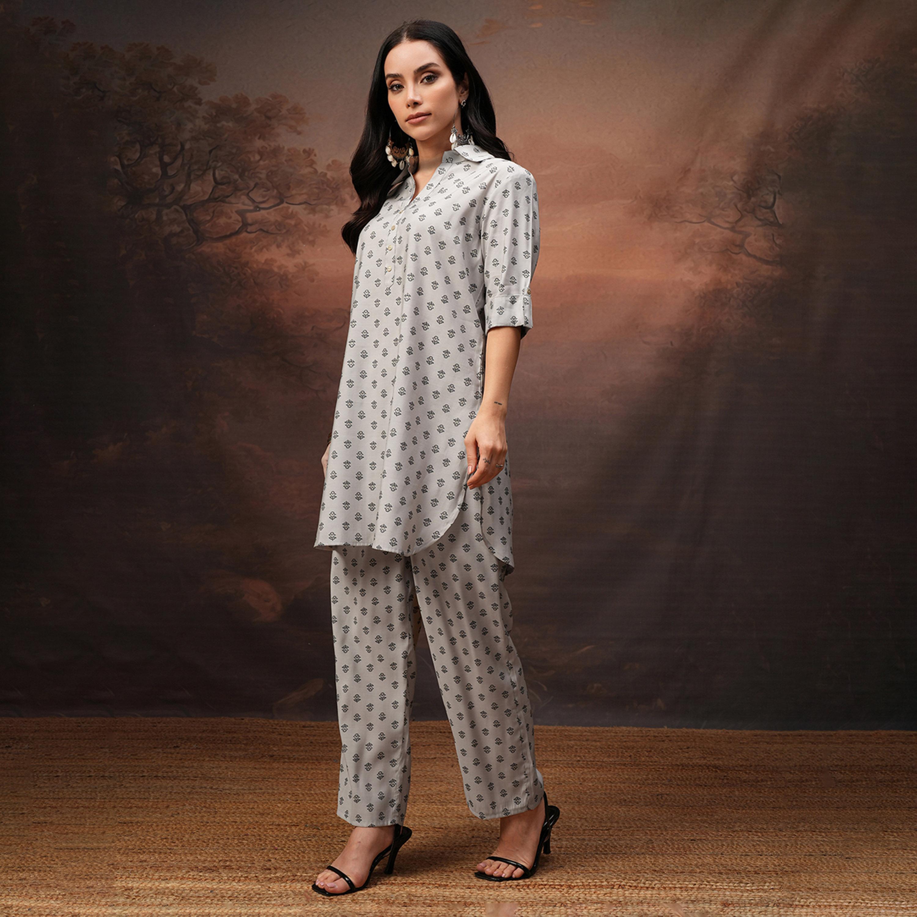 Vishudh X Styli Grey Printed Shirt Collar Three-Quarter Sleeves Tunic With Palazzo-women-clothing-coordsets-image-2