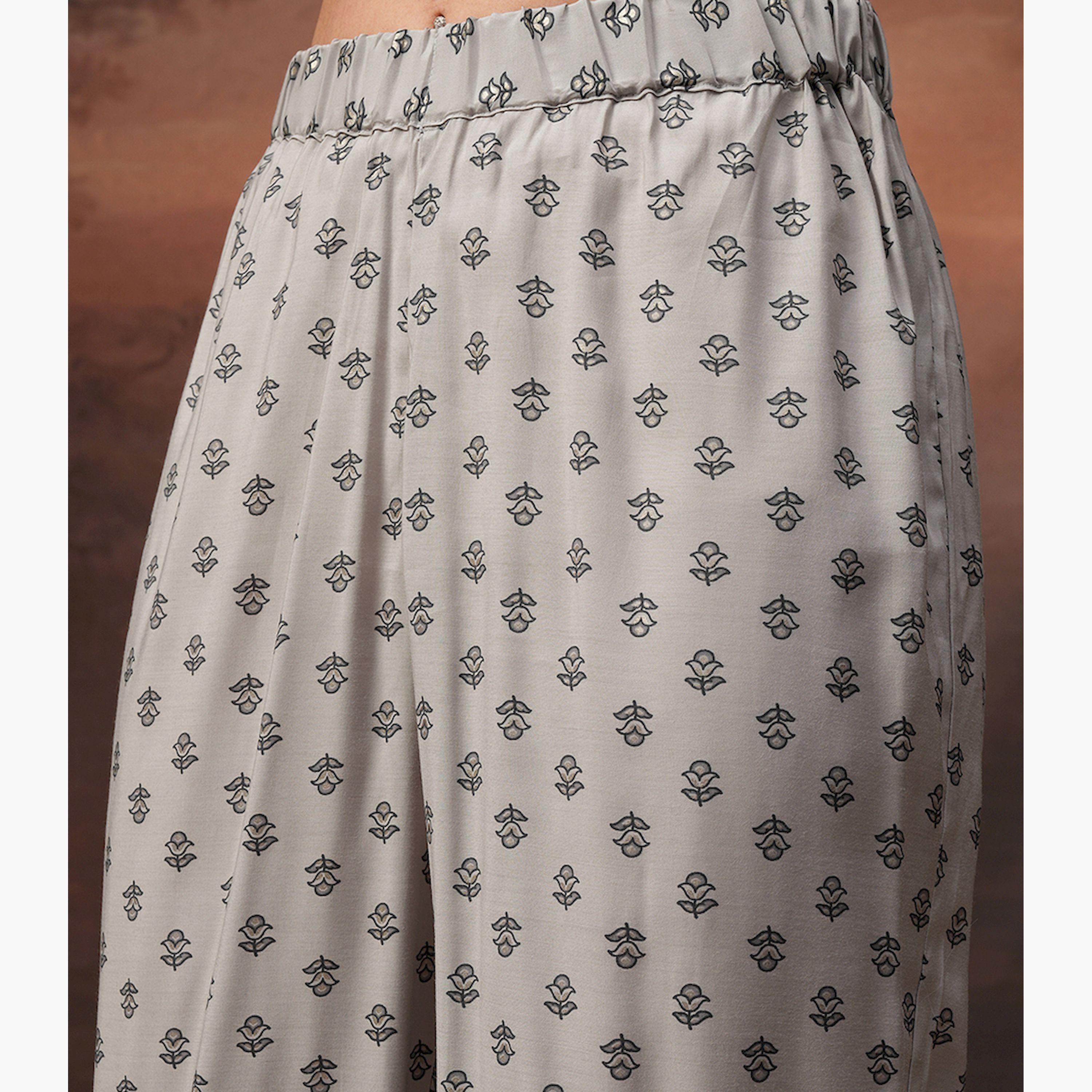 Vishudh X Styli Grey Printed Shirt Collar Three-Quarter Sleeves Tunic With Palazzo-women-clothing-coordsets-image-6