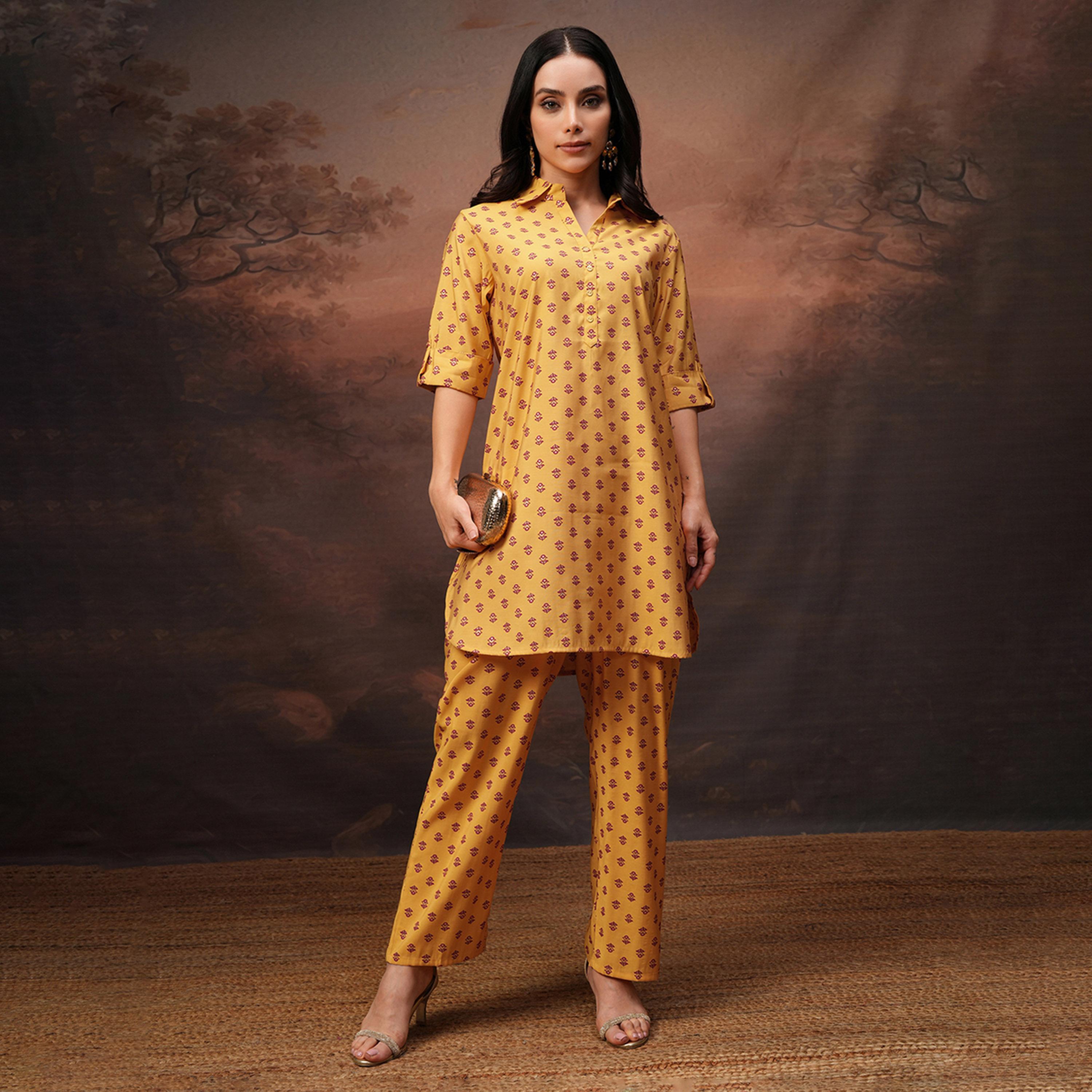 Vishudh X Styli Mustard Printed Shirt Collar Three-Quarter Sleeves Tunic With Palazzo-women-clothing-coordsets-image-1