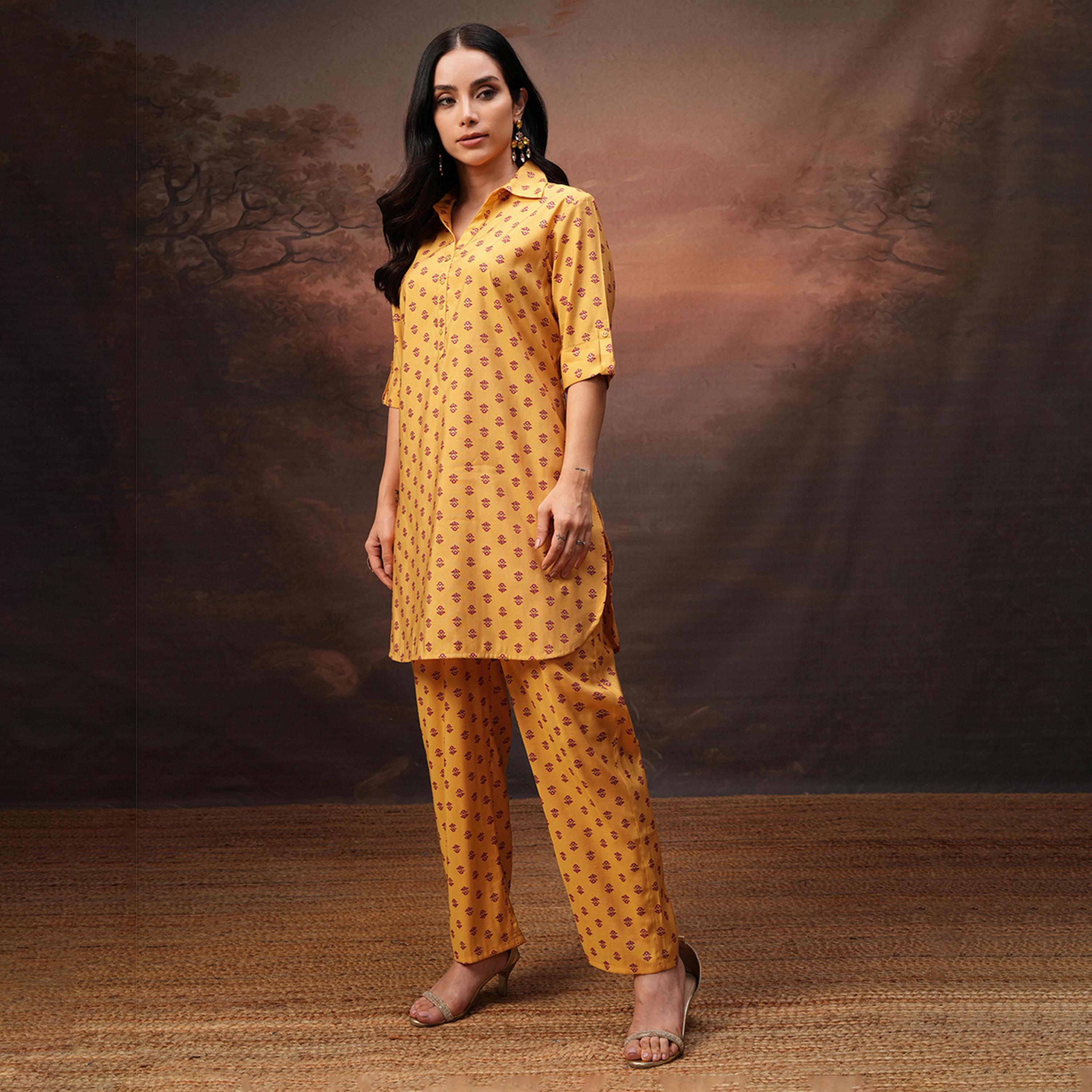 Vishudh X Styli Mustard Printed Shirt Collar Three-Quarter Sleeves Tunic With Palazzo-women-clothing-coordsets-image-2