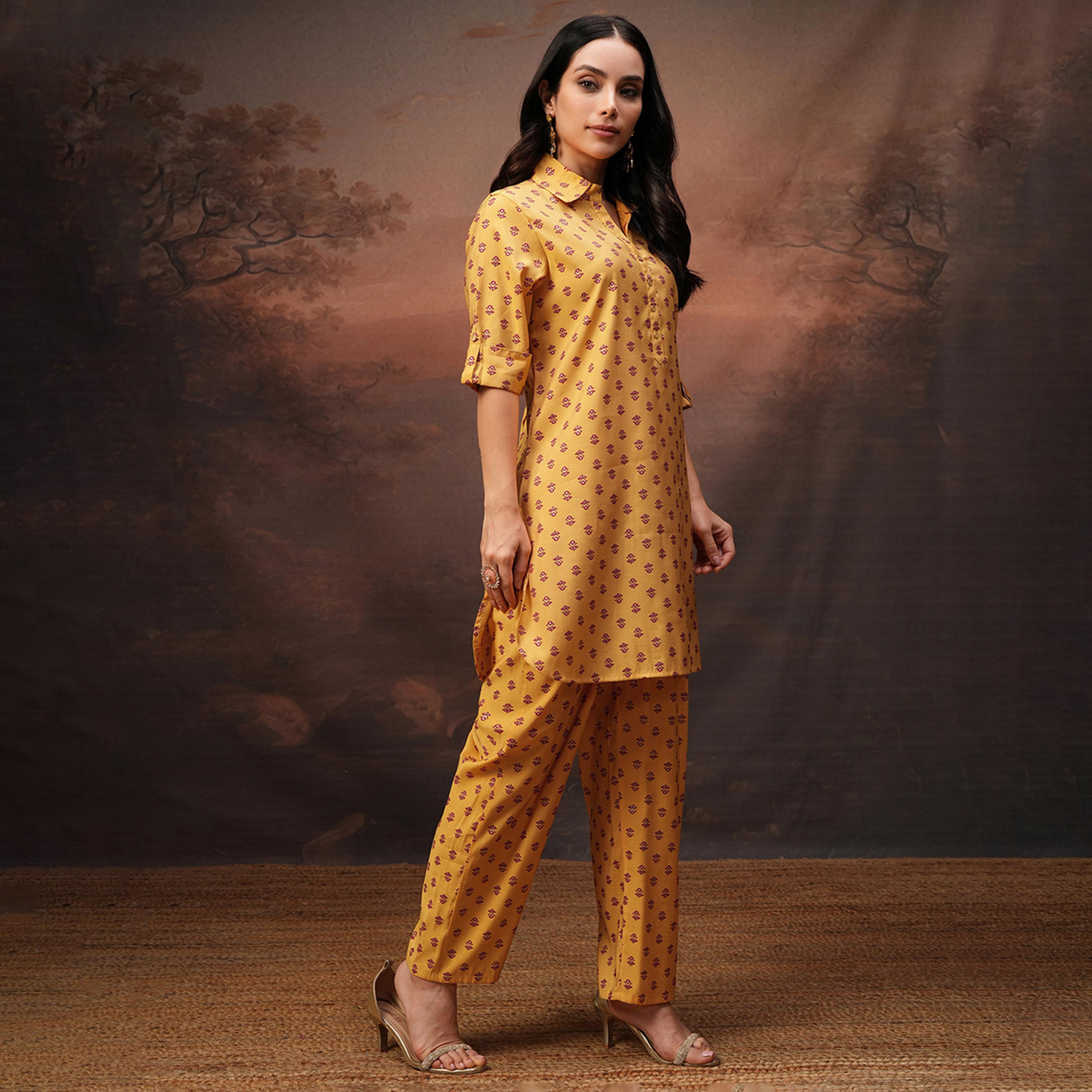 Vishudh X Styli Mustard Printed Shirt Collar Three-Quarter Sleeves Tunic With Palazzo-women-clothing-coordsets-image-4