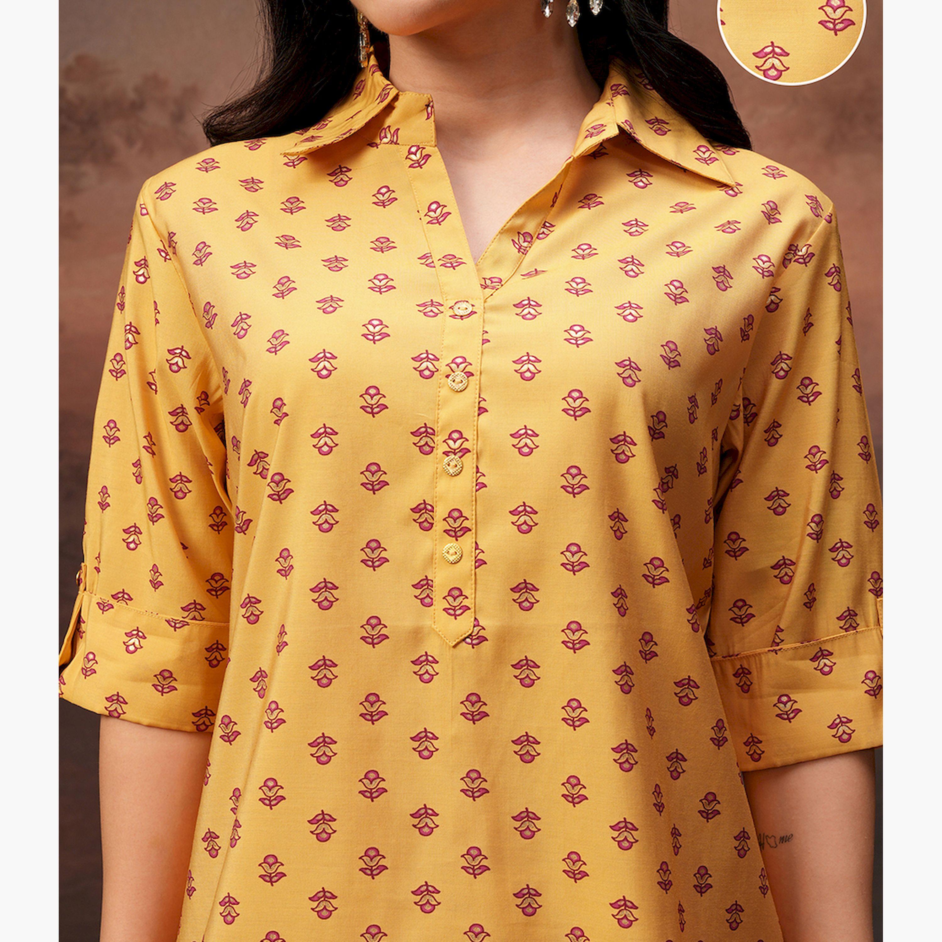 Vishudh X Styli Mustard Printed Shirt Collar Three-Quarter Sleeves Tunic With Palazzo-women-clothing-coordsets-image-5