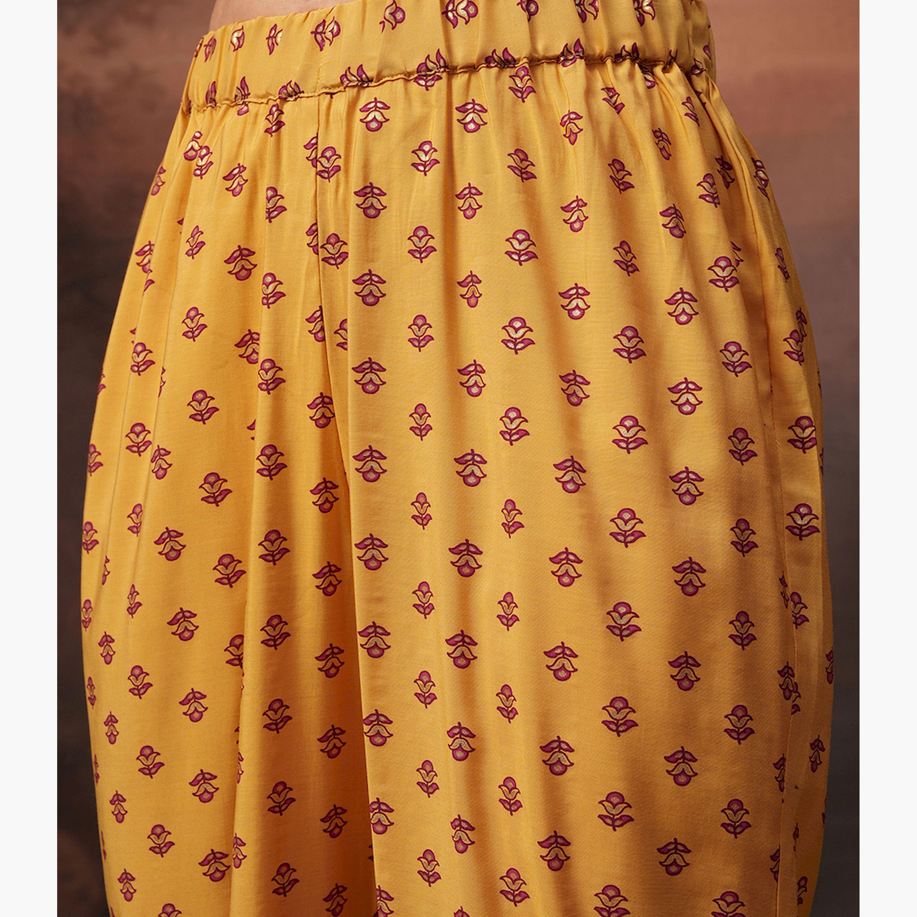 فيشود × ستايلي - قميص مطبوع بأكمام ثلاثة أرباع مع بنطال بالاوز - خردلي-women-clothing-coordsets-image-6