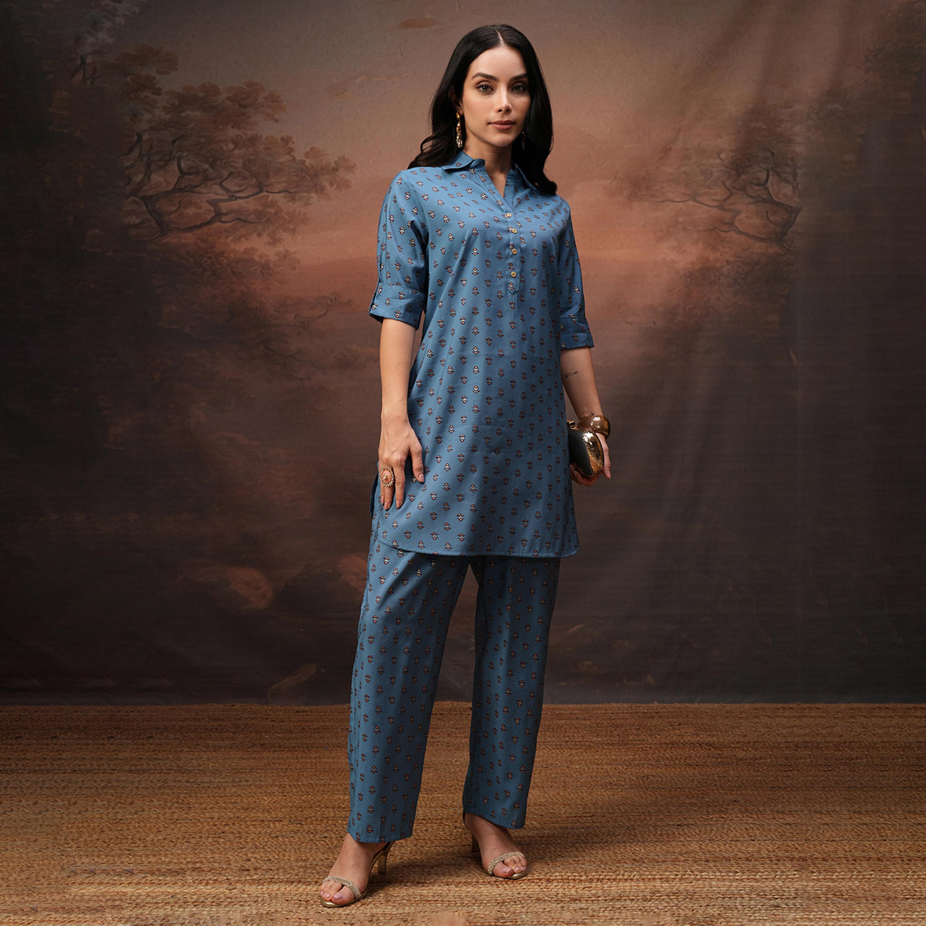 فيشود × ستايلي - قميص بأكمام ثلاثة أرباع مع بنطال بالاوز - أزرق مخضر-women-clothing-coordsets-image-1