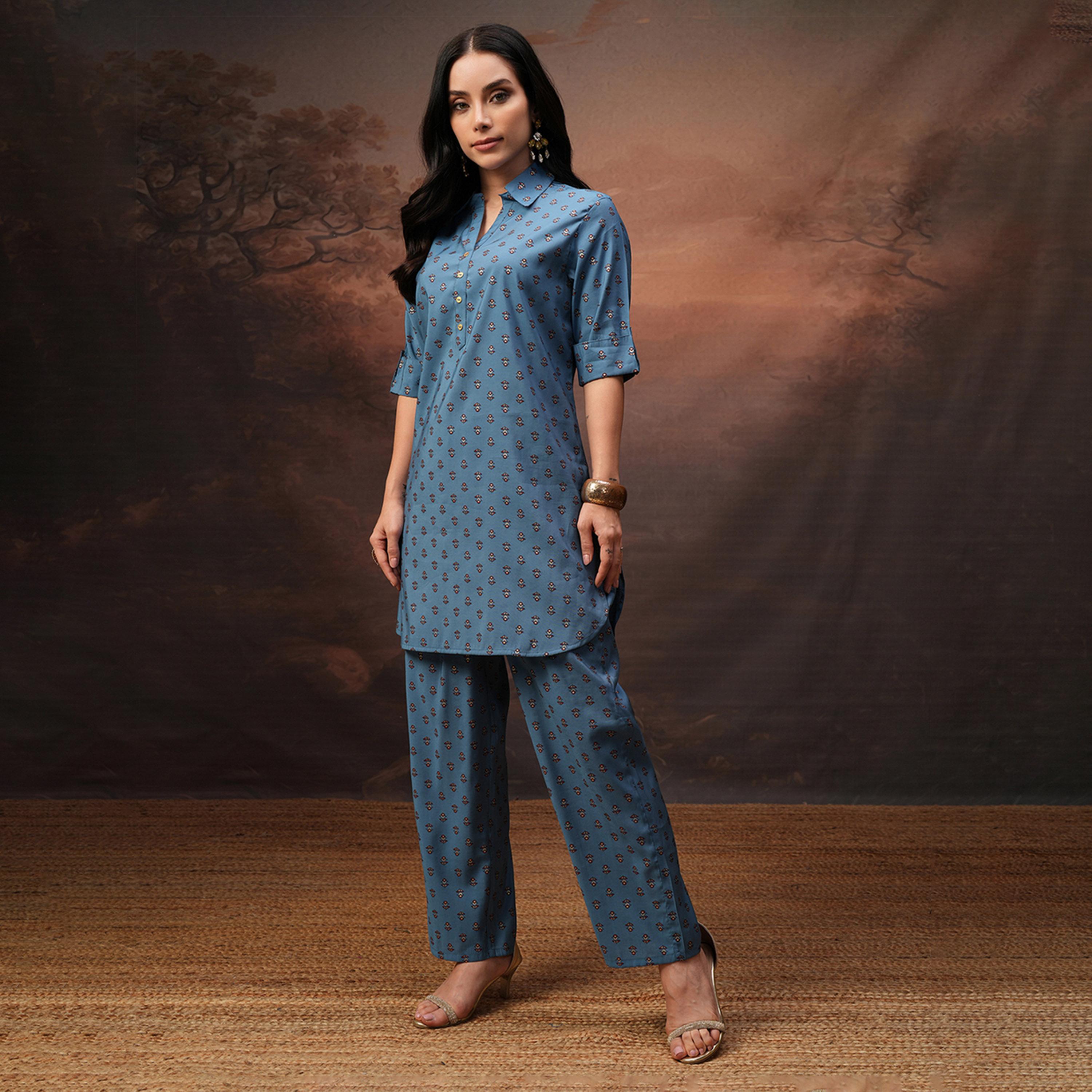 فيشود × ستايلي - قميص بأكمام ثلاثة أرباع مع بنطال بالاوز - أزرق مخضر-women-clothing-coordsets-image-2