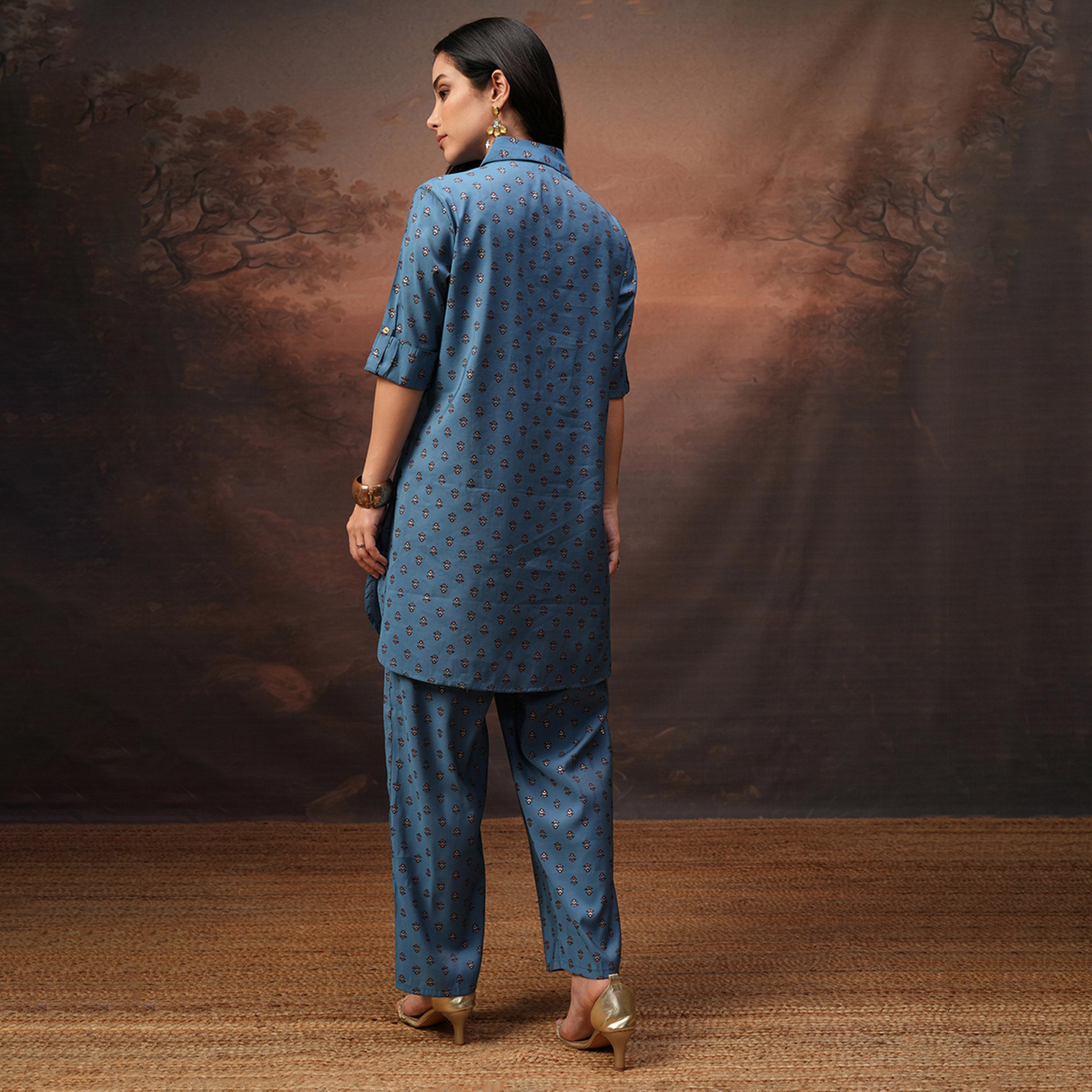 فيشود × ستايلي - قميص بأكمام ثلاثة أرباع مع بنطال بالاوز - أزرق مخضر-women-clothing-coordsets-image-3