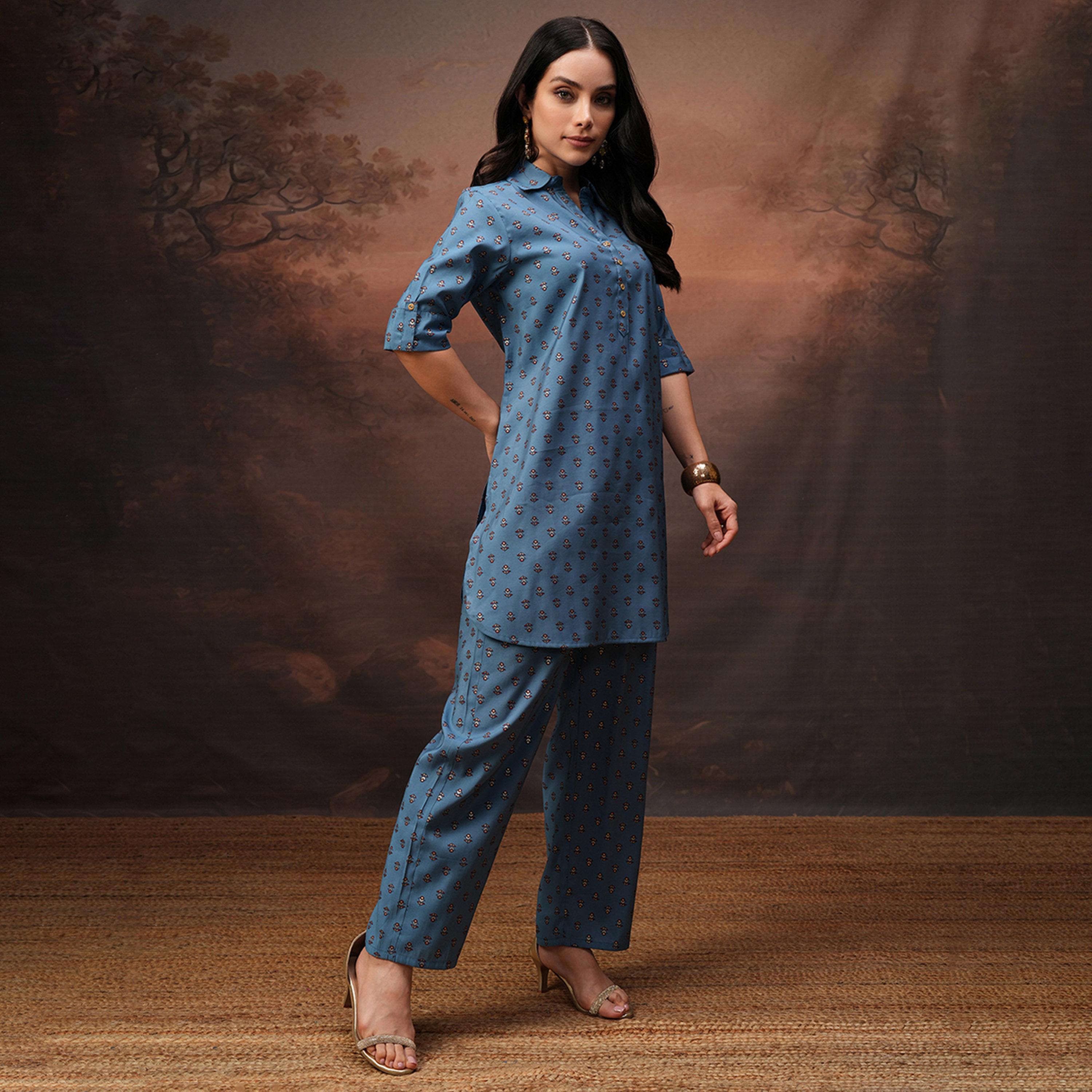 فيشود × ستايلي - قميص بأكمام ثلاثة أرباع مع بنطال بالاوز - أزرق مخضر-women-clothing-coordsets-image-4