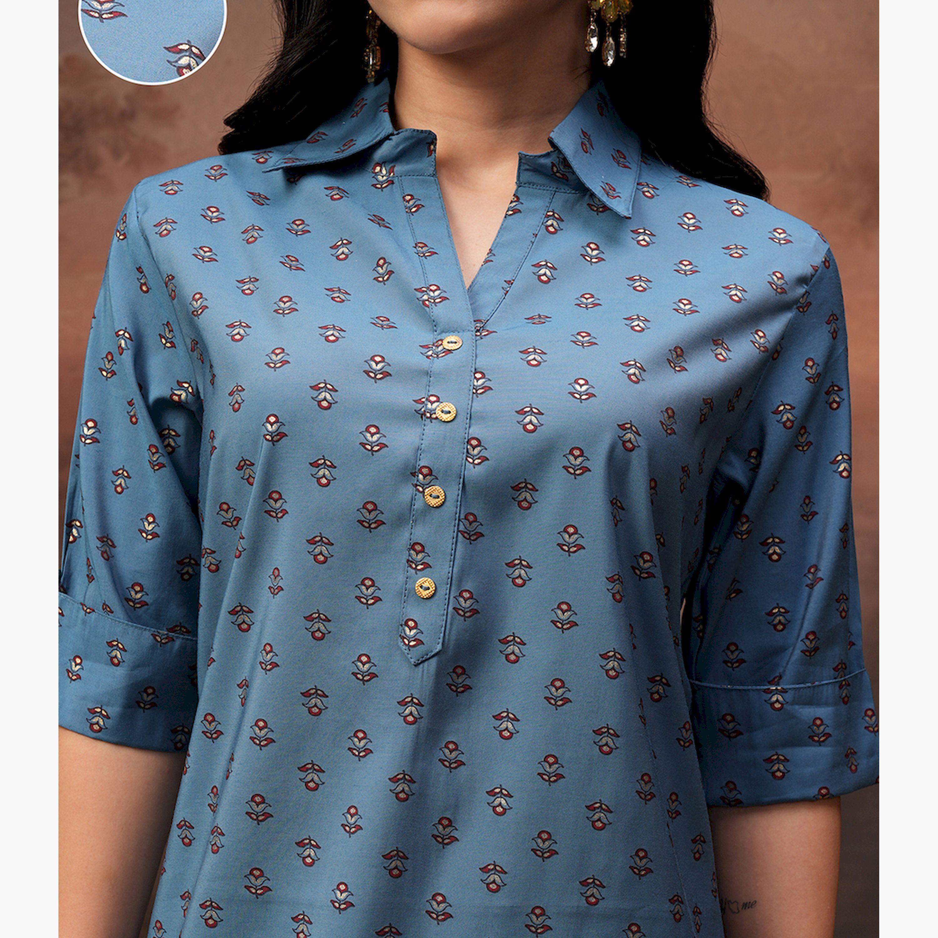 فيشود × ستايلي - قميص بأكمام ثلاثة أرباع مع بنطال بالاوز - أزرق مخضر-women-clothing-coordsets-image-5