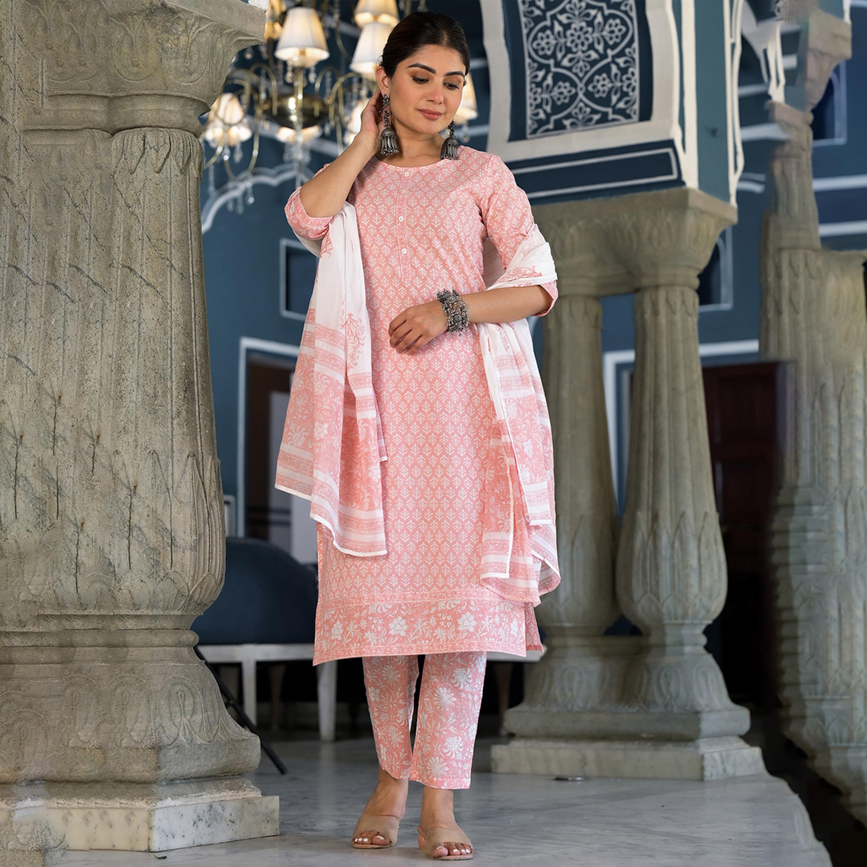 Vishudh X Styli Pink Ethnic Motifs Printed Pure Cotton Straight Kurta & Trousers With Dupatta-women-clothing-ethnicwear-sareesets-image-4