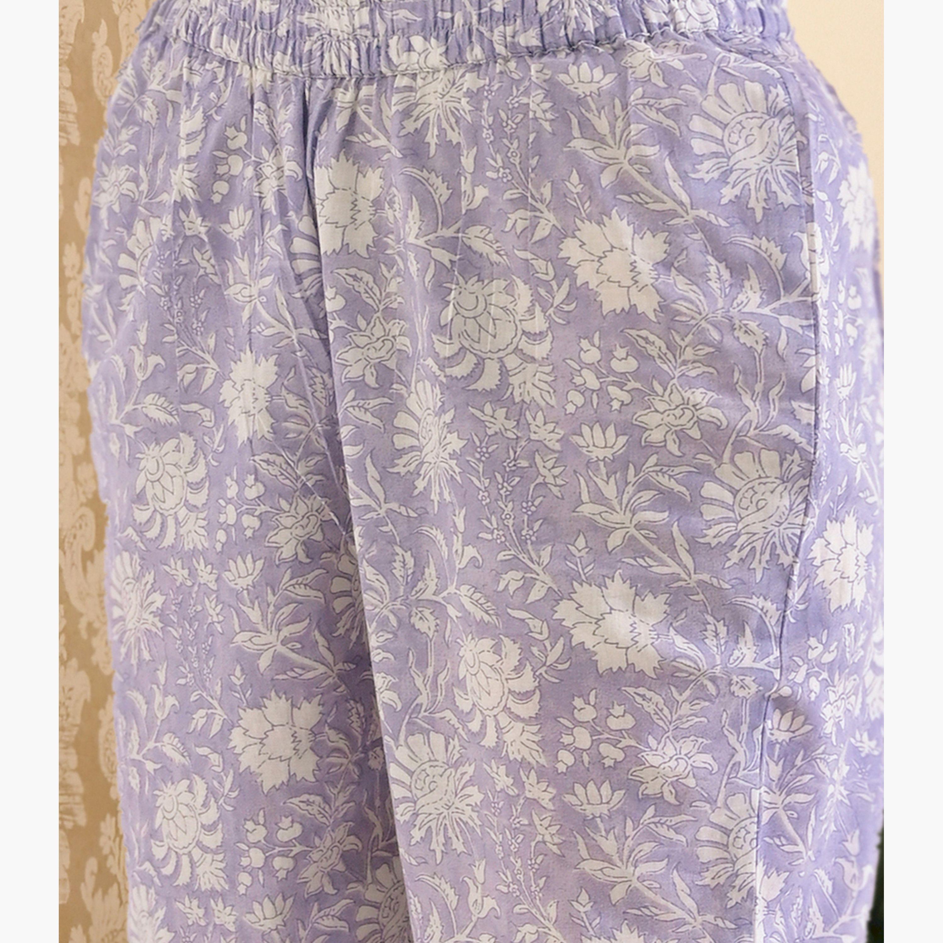 فيشود × ستايلي - كورتا وبنطال مستقيم من القطن الخالص بطبعة زهور مع وشاح دوباتا - أزرق-women-clothing-ethnicwear-sareesets-image-8