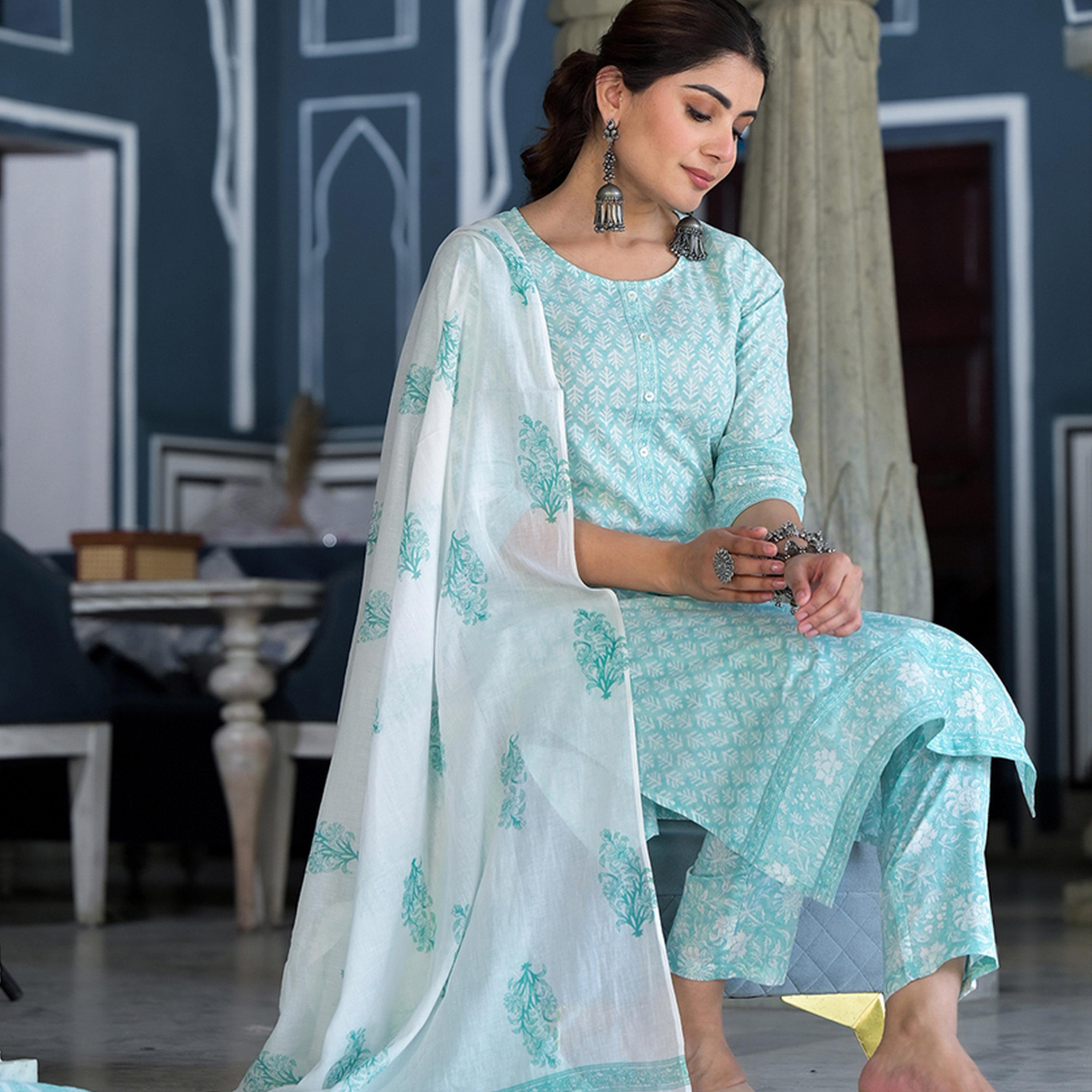 Vishudh X Styli Blue Round Neck Floral Printed Regular Pure Cotton Kurta Set-women-clothing-ethnicwear-kurtasets-image-2