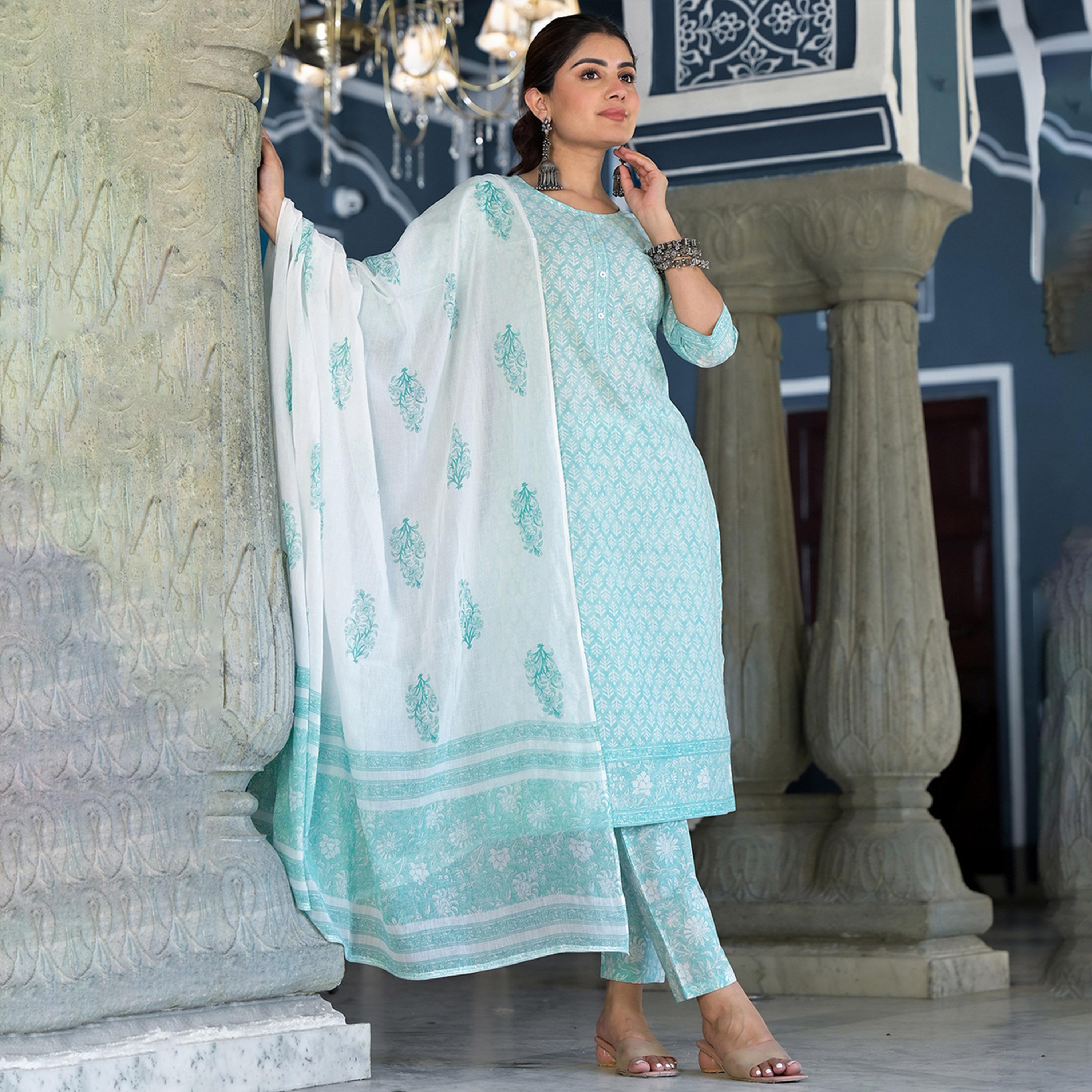 فيشود × ستايلي - طقم كورتا من القطن الخالص بطبعة زهور ورقبة دائرية - أزرق-women-clothing-ethnicwear-kurtasets-image-4