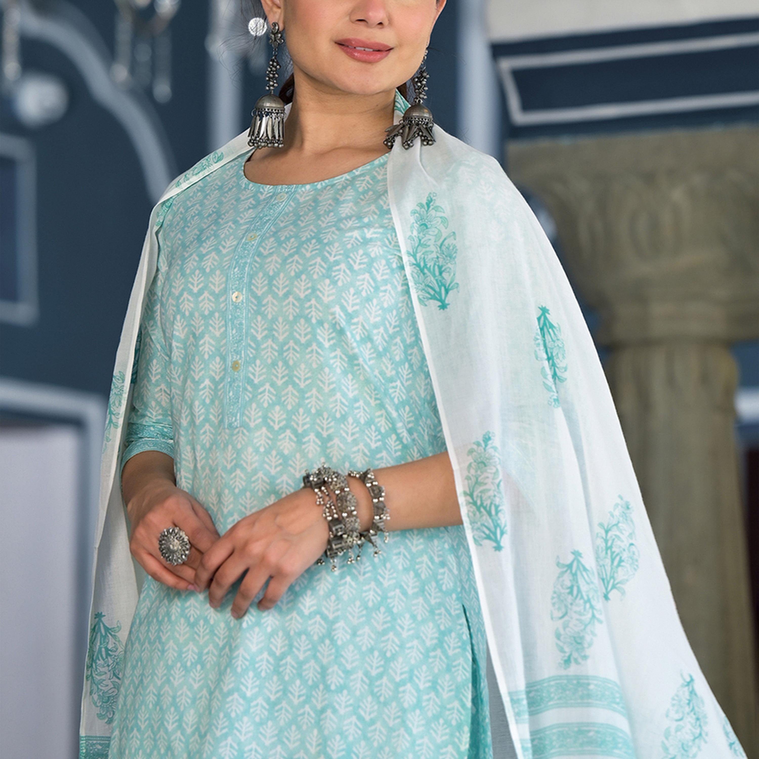 Vishudh X Styli Blue Round Neck Floral Printed Regular Pure Cotton Kurta Set-women-clothing-ethnicwear-kurtasets-image-5