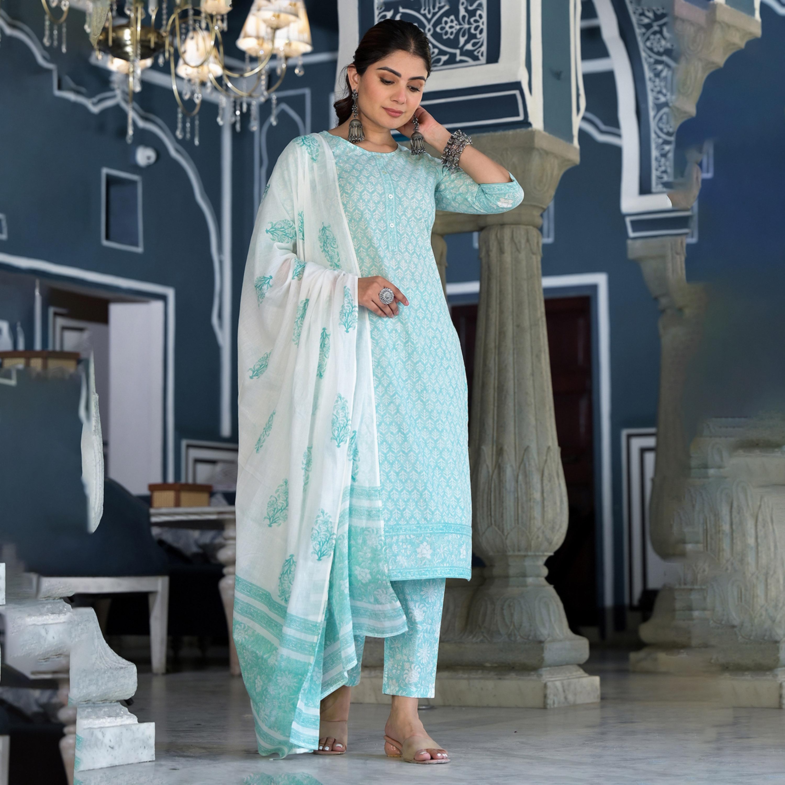 فيشود × ستايلي - طقم كورتا من القطن الخالص بطبعة زهور ورقبة دائرية - أزرق-women-clothing-ethnicwear-kurtasets-image-7