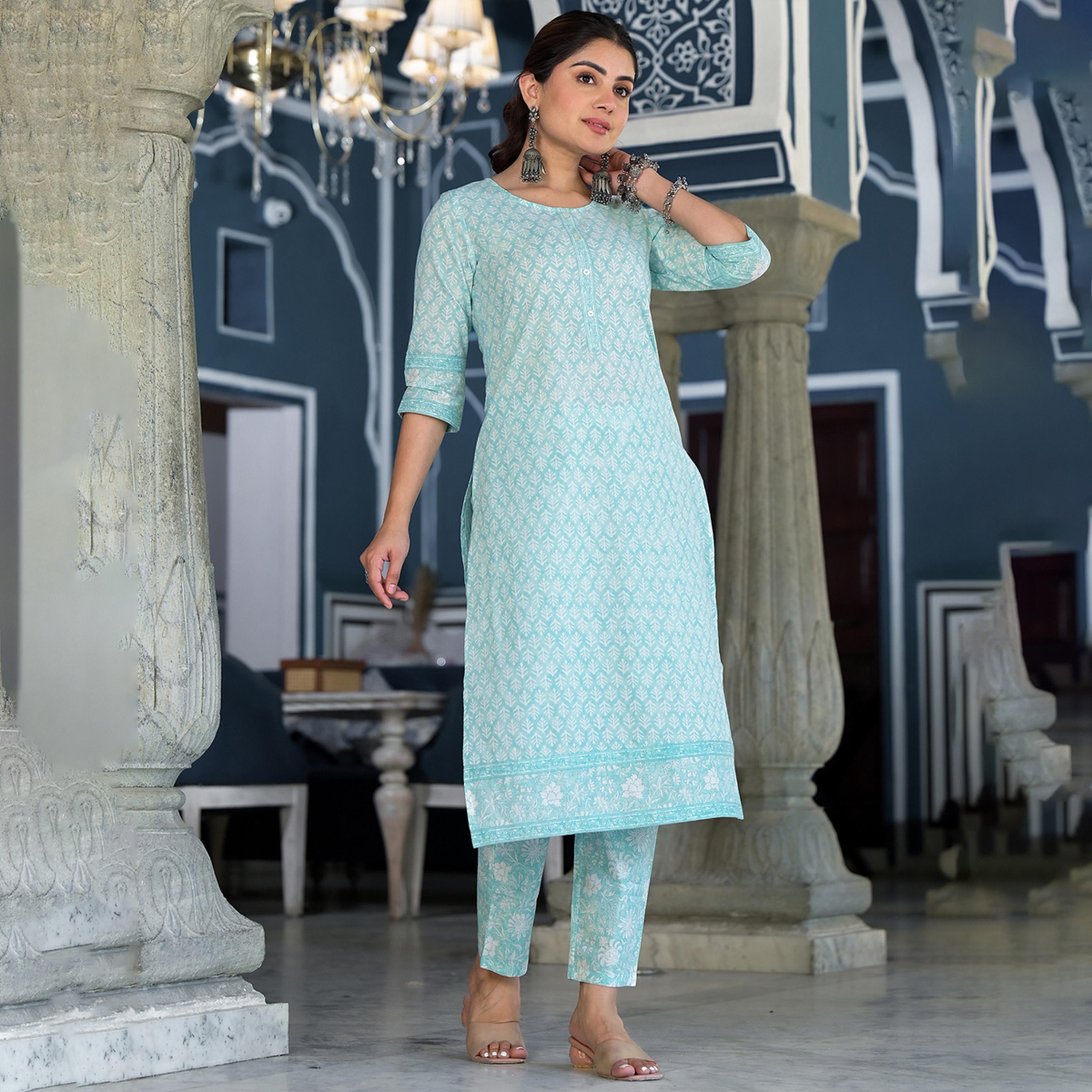 فيشود × ستايلي - طقم كورتا من القطن الخالص بطبعة زهور ورقبة دائرية - أزرق-women-clothing-ethnicwear-kurtasets-image-8