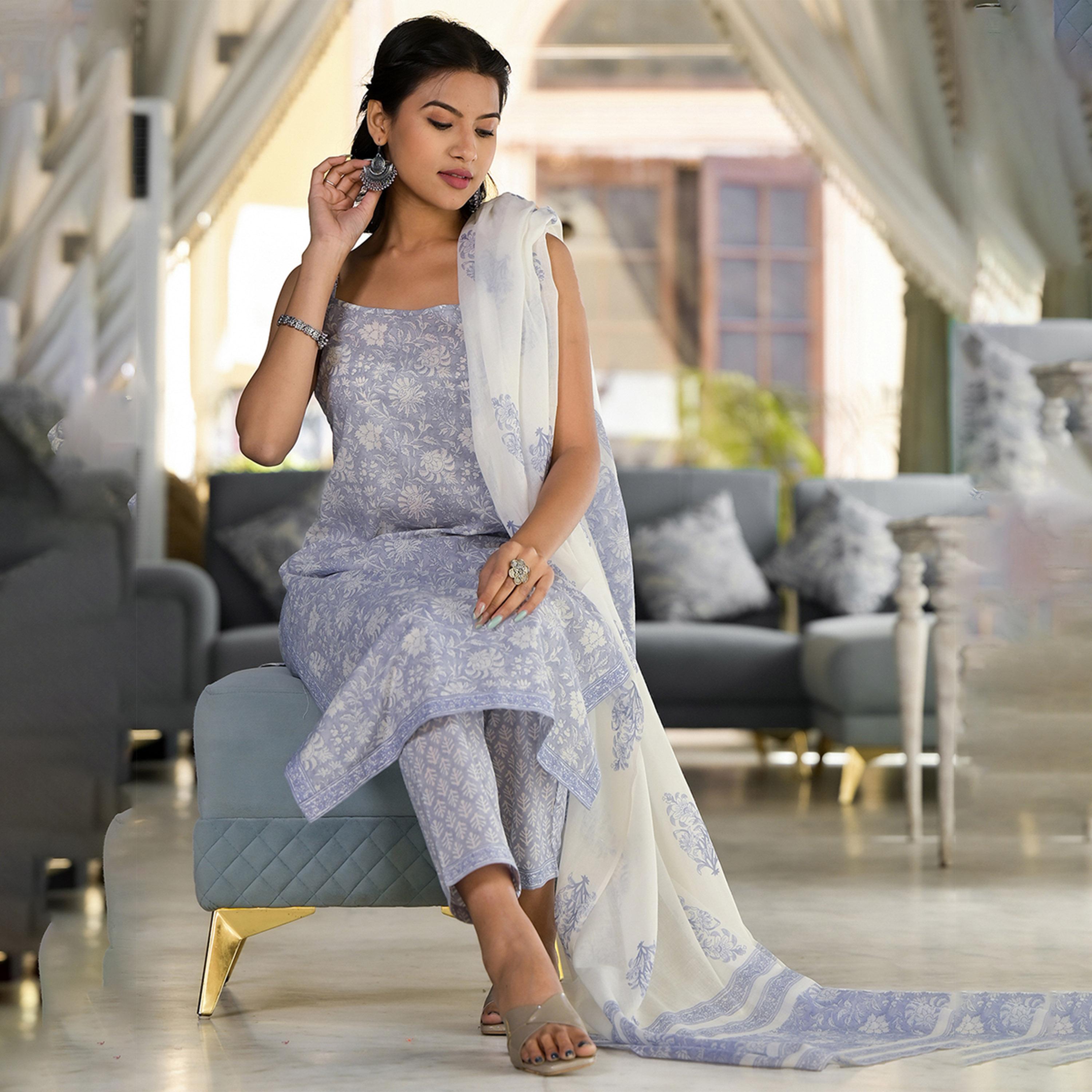 فيشود × ستايلي - كورتا وبنطال مستقيم من القطن الخالص بطبعة زهور مع وشاح دوباتا - أزرق-women-clothing-ethnicwear-sareesets-image-1